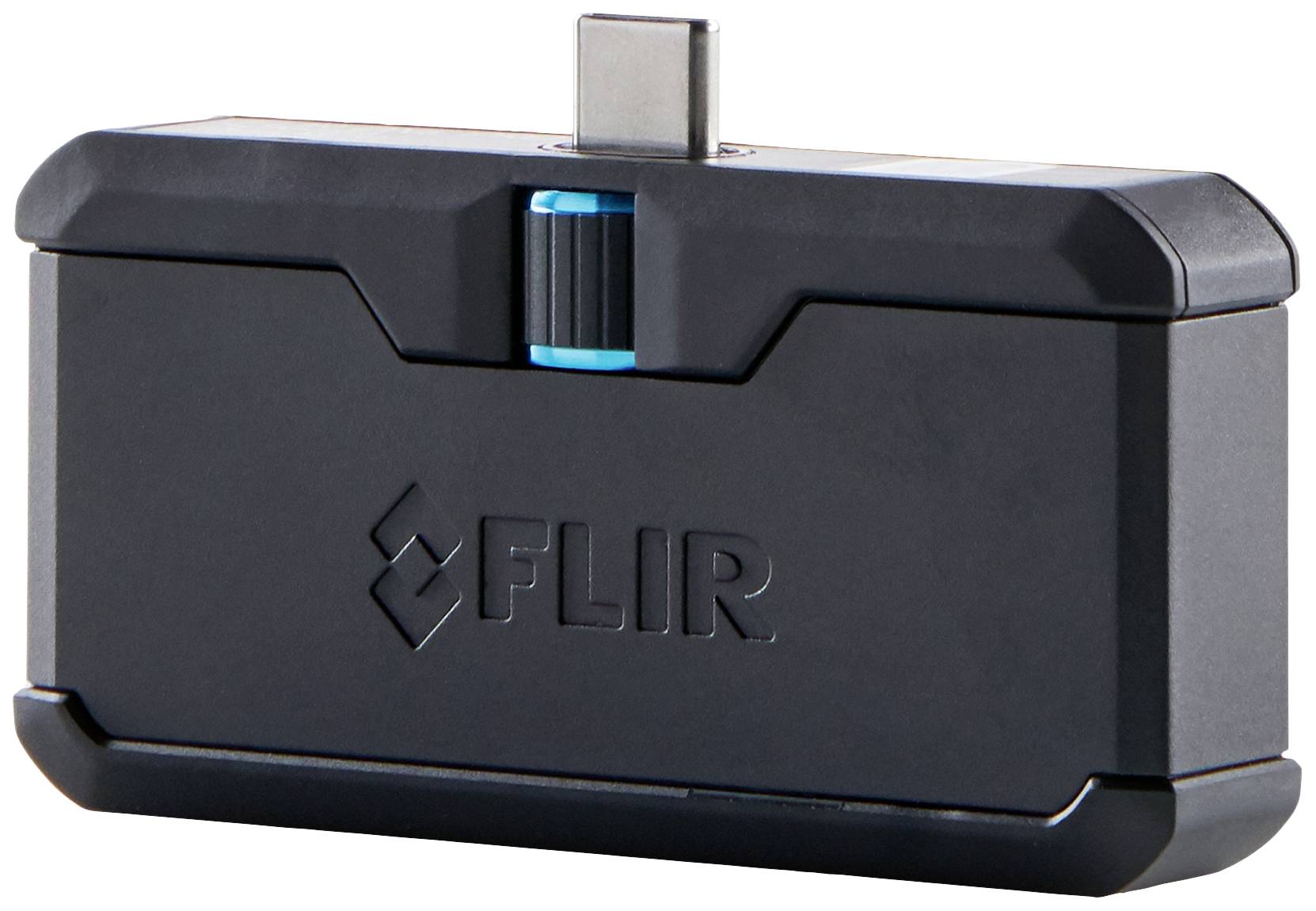 Un appareil noir rectangulaire portant l'inscription 'FLIR', équipé d'un port USB-C et d'un bouton rotatif bleu.