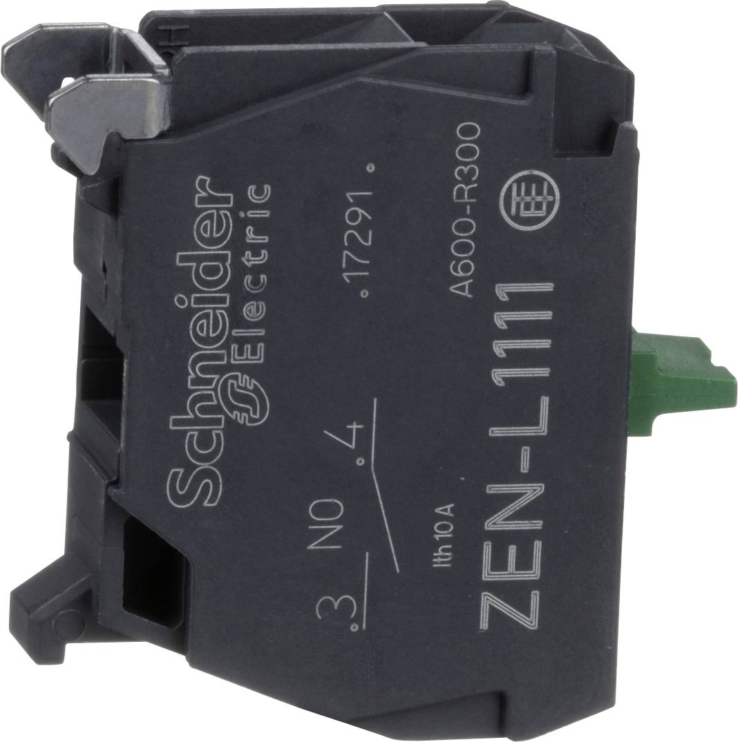 Commutateur/module électrique industriel noir Schneider Electric avec actionneur vert et modèle imprimé 'ZEN-L1111' sur fond blanc.