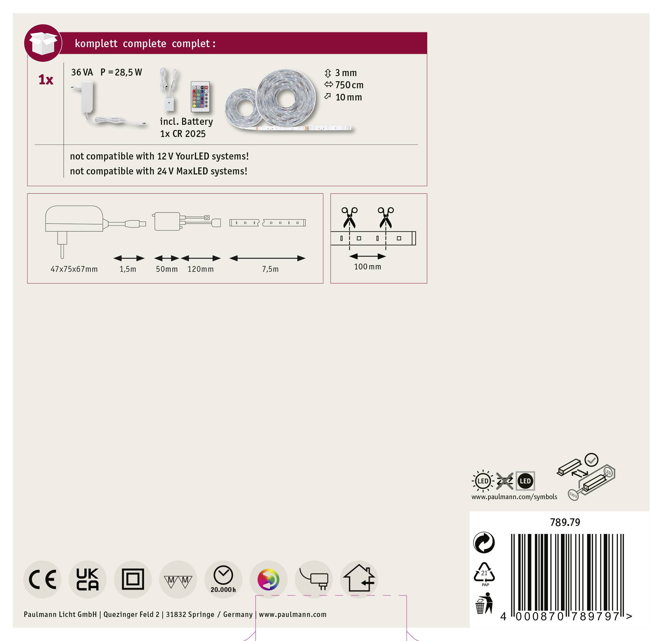 Un ensemble de bandes LED de 3 mètres, 28,5 W, comprenant l'alimentation. Non compatible avec les systèmes MaxLED 24V. Dimensions et symboles inclus.
