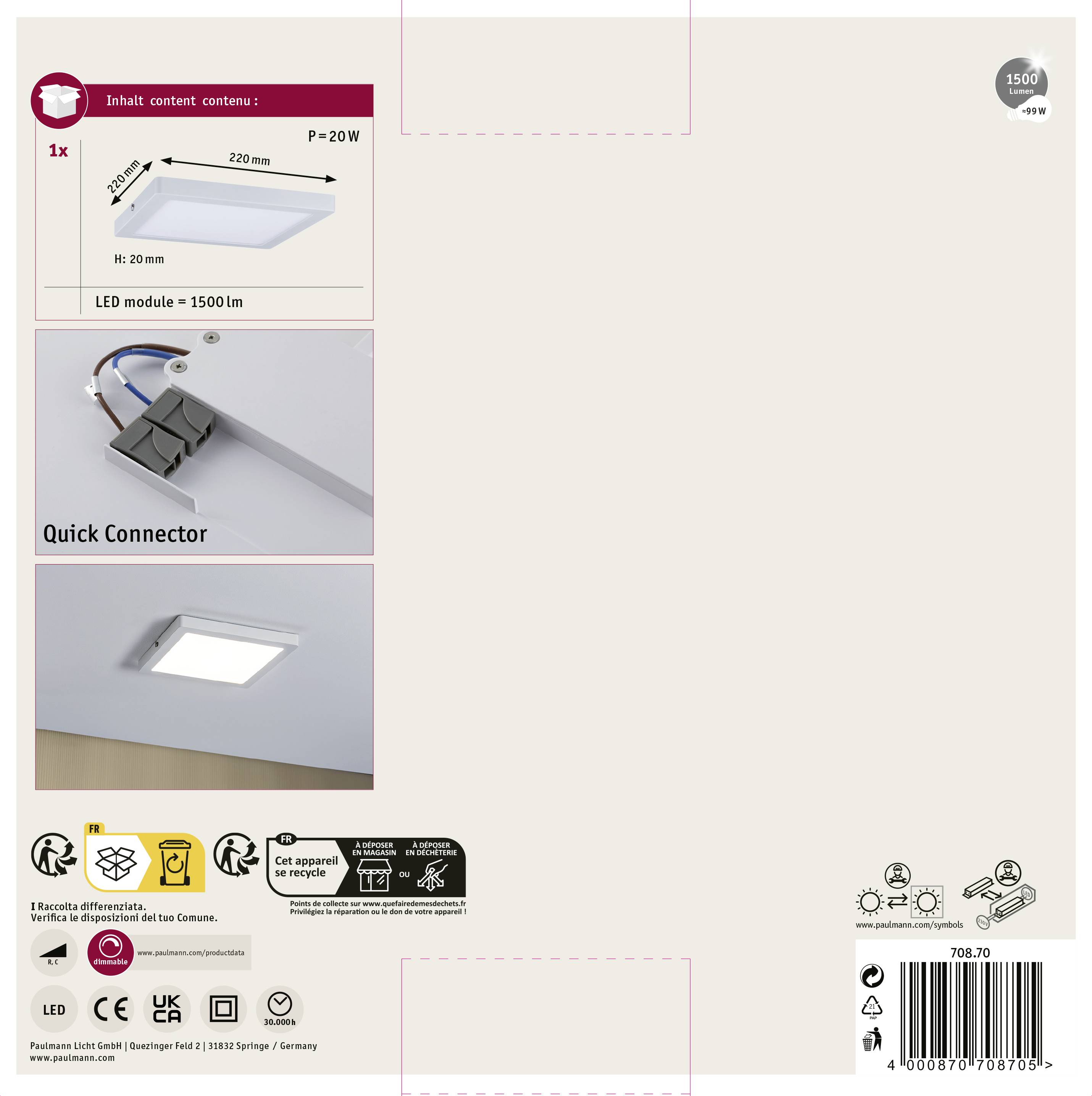 Panneau à LED blanc mat 1x LED intégrée Paulmann Atria 70870 20 W N/A 1 pc(s)