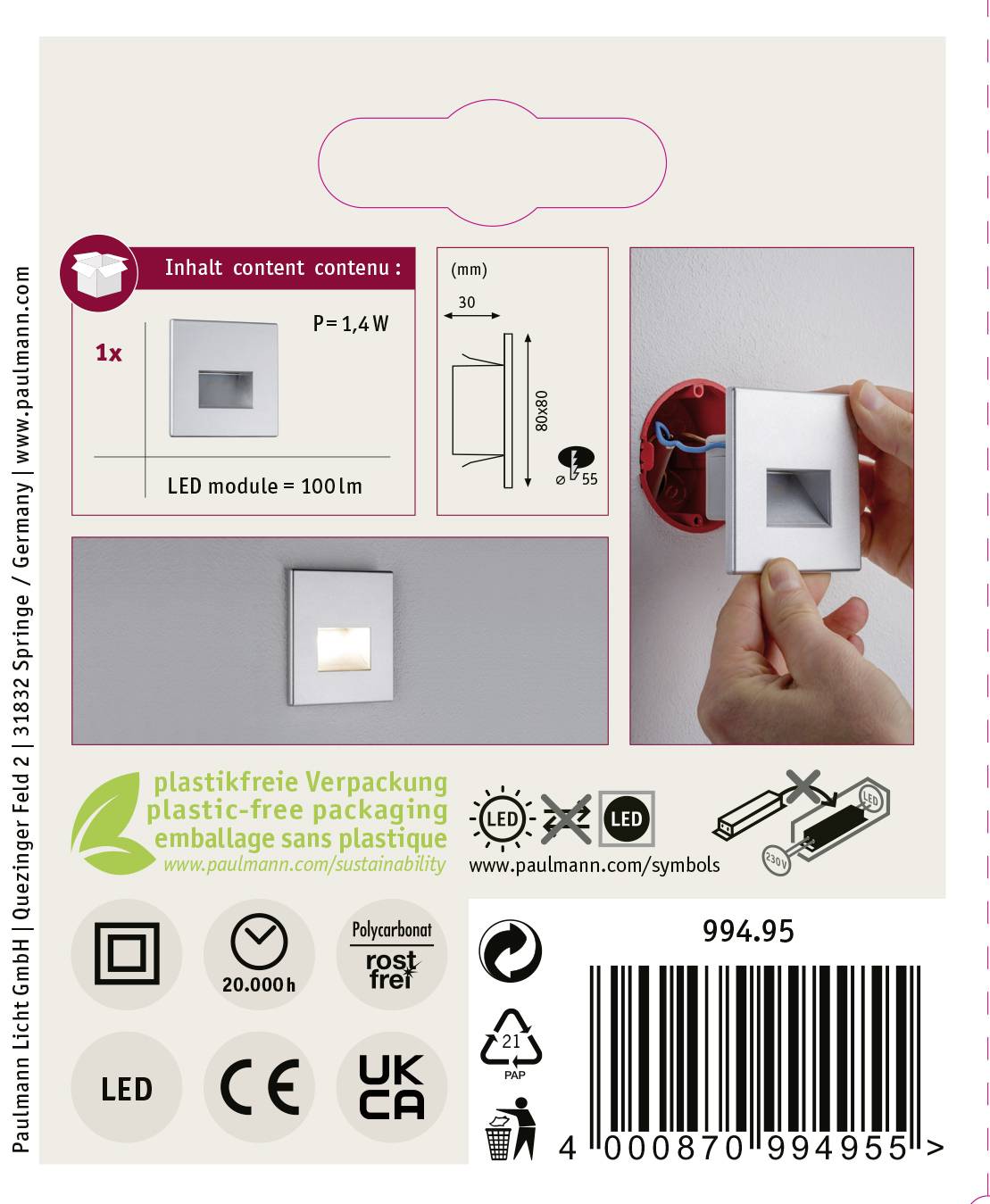 Module LED, 1x, Puissance = 1,4W, Taille = 100mm. Installation : Montage mural. Emballage sans plastique.