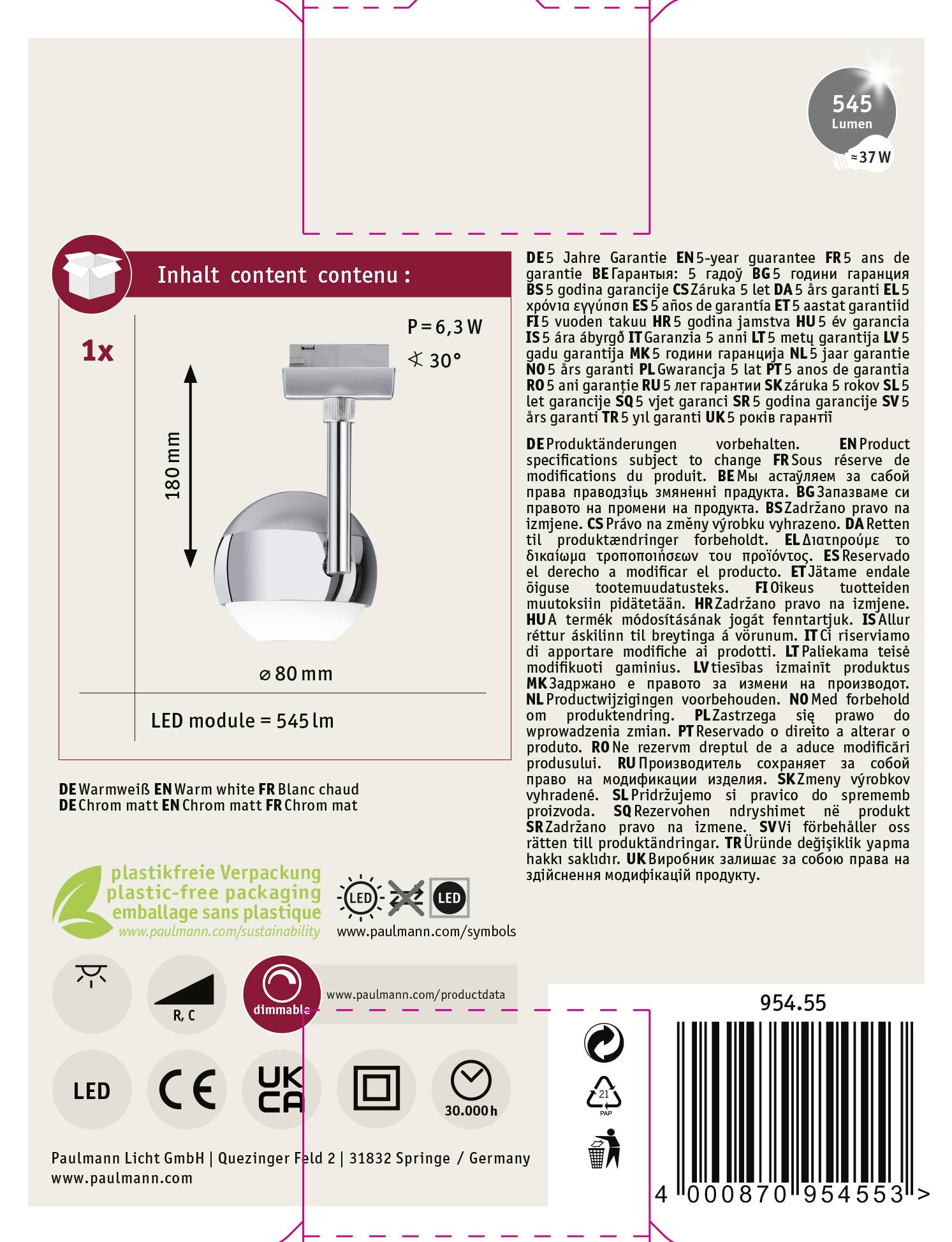 Lampe LED, culot E14, 545 lumens, 3 watts, 3000 kelvins, hauteur 180 mm. Contient des informations de garantie et des avertissements.