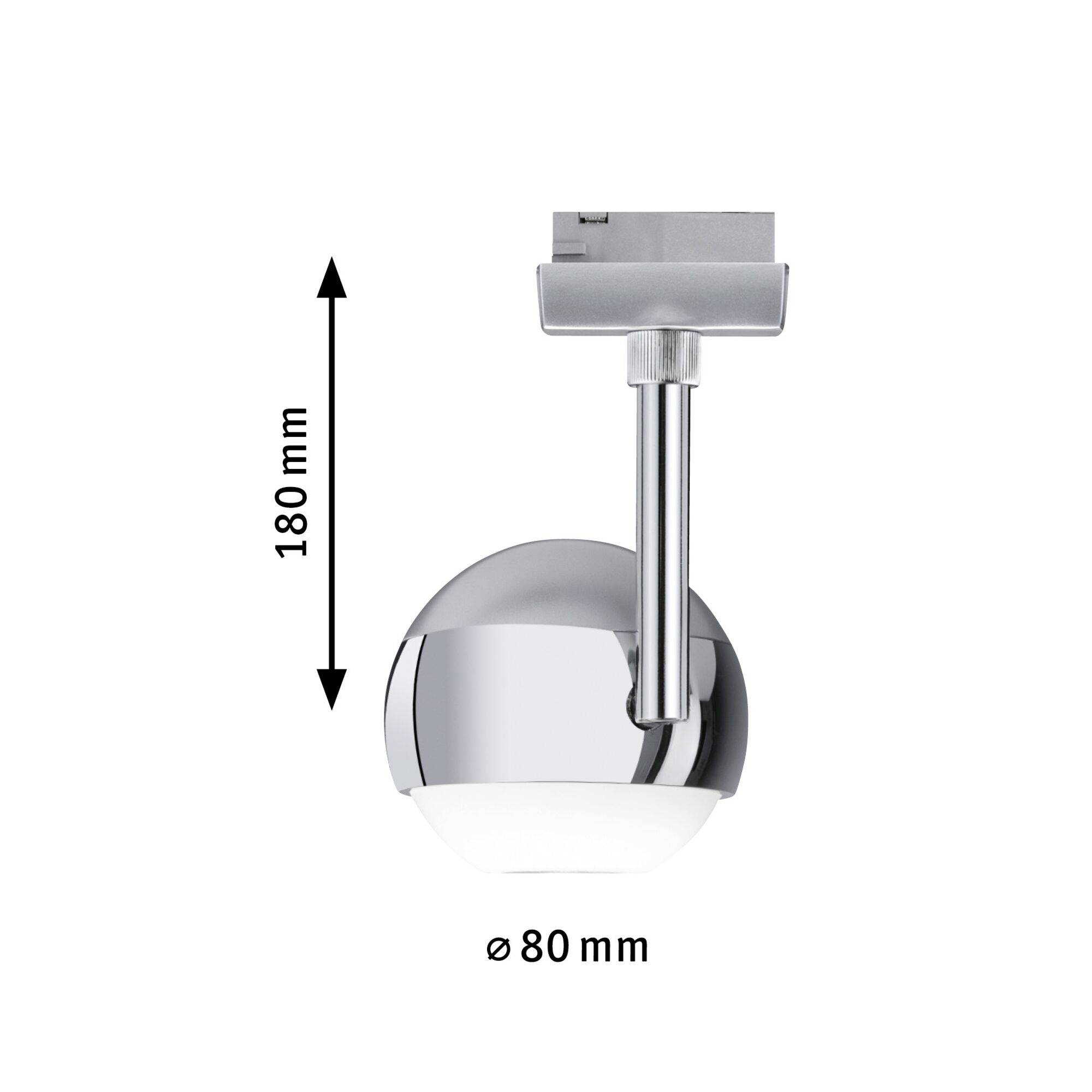 Applique murale LED chromée d'un diamètre de 80 mm et d'une hauteur de 180 mm.