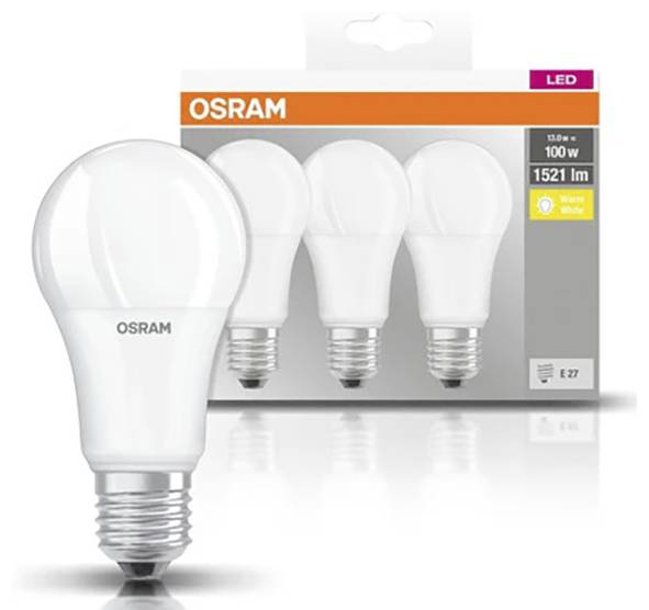 Trois ampoules LED OSRAM à culot E27, 10,5W, équivalent 100W, 1521 lumens, blanc chaud, dans un emballage.