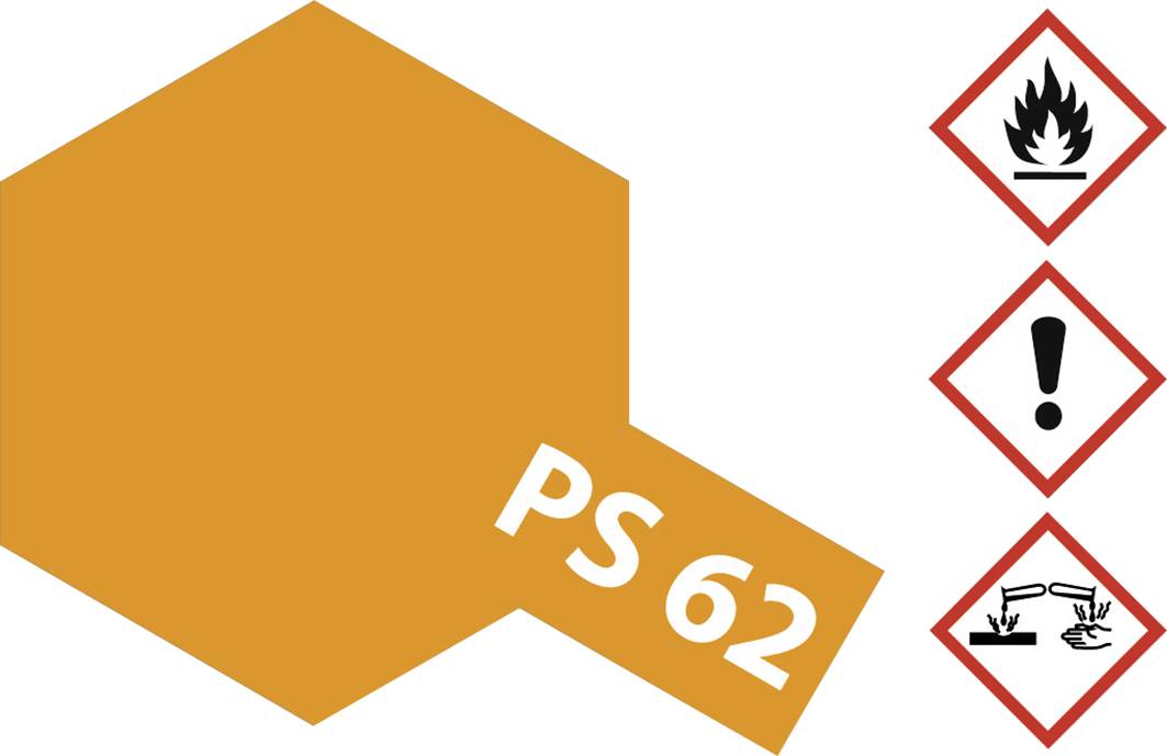 Symboles de danger pour l'inflammabilité, la précaution et les substances corrosives sur une étiquette orange portant l'inscription 'PS 62'.