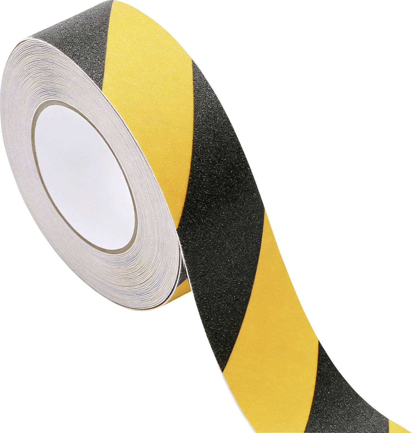 Un rouleau de ruban adhésif avec des rayures diagonales noires et jaunes, souvent utilisé pour le marquage de sécurité et l'identification des dangers.