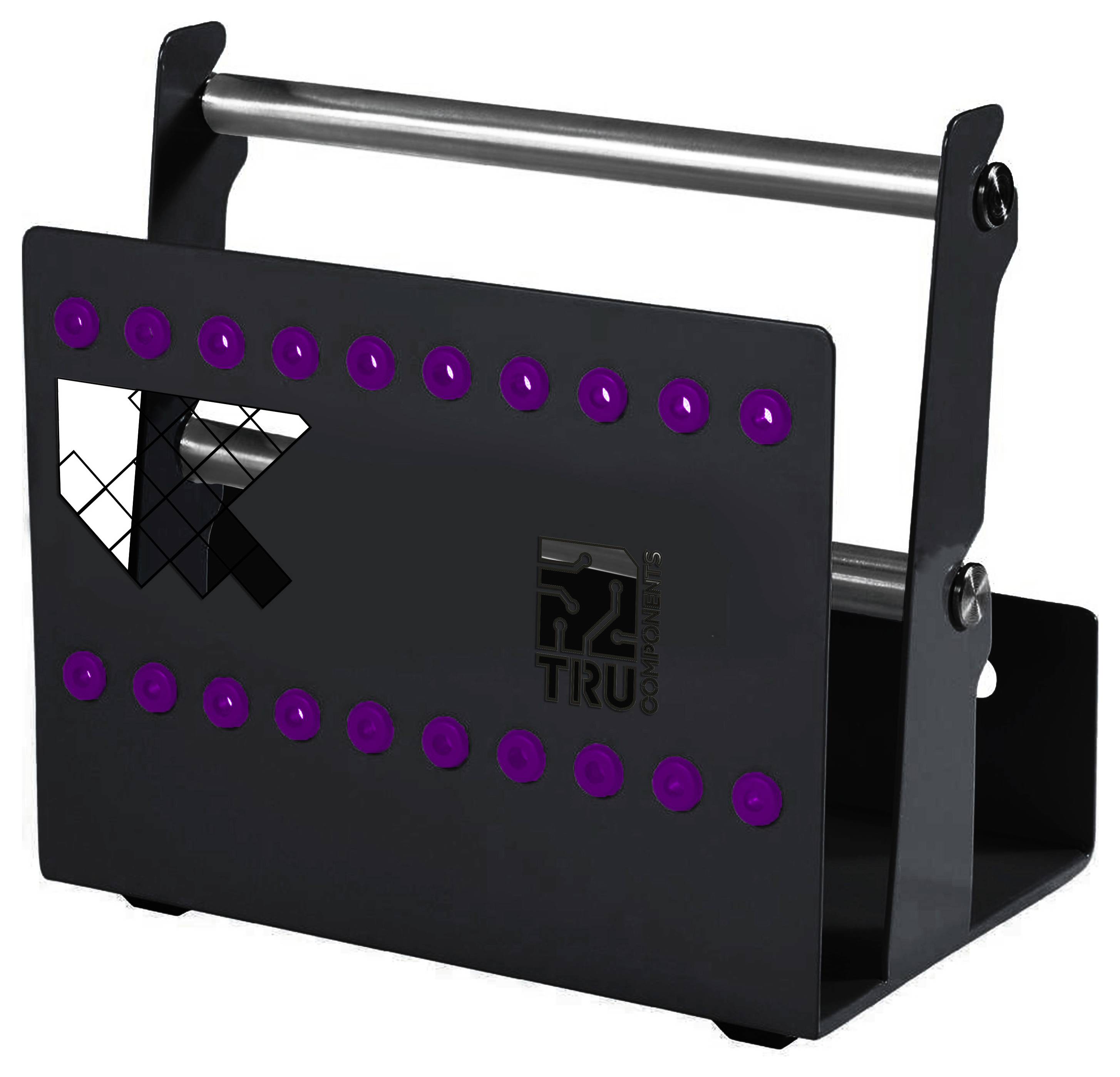 Appareil industriel rectangulaire noir avec des fixations violettes et des barres de poignée métalliques, présenté sur un fond blanc.