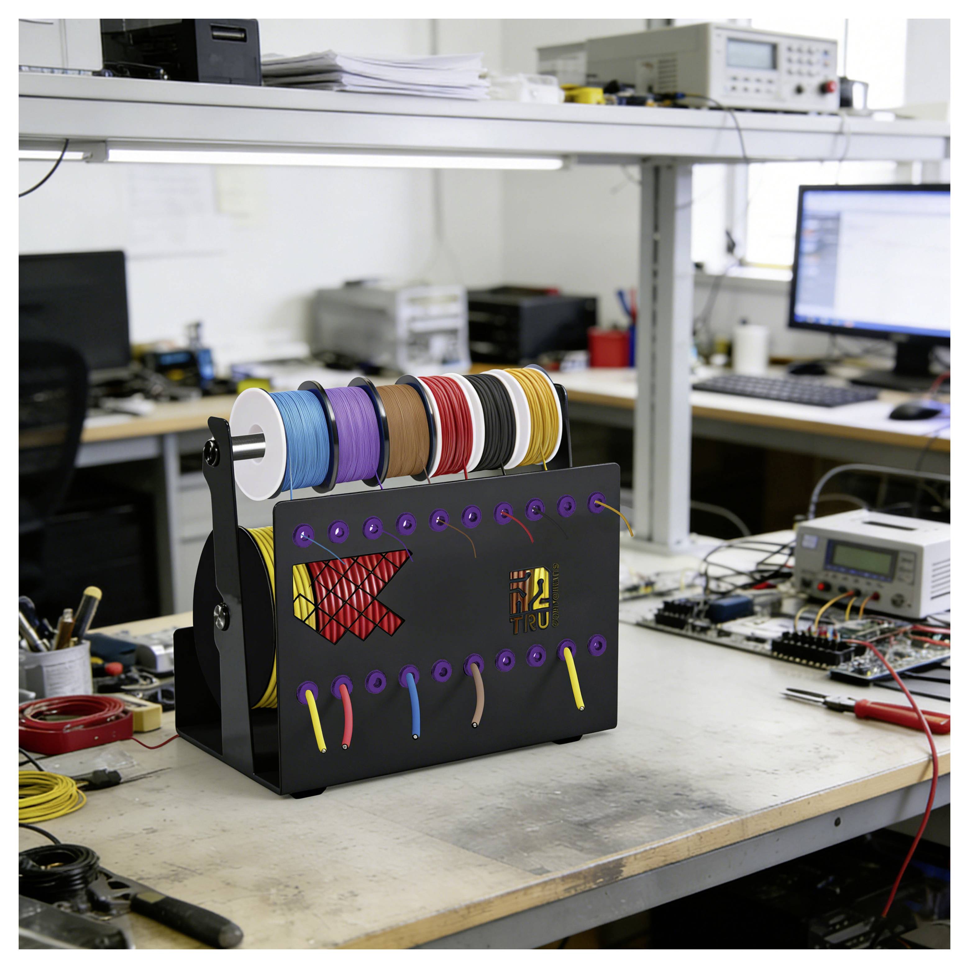 Établi d'électronique avec un présentoir de bobines de fil ou de filament de couleur montés sur un cadre noir, entouré d'outils de laboratoire, de câbles et d'équipements de test.
