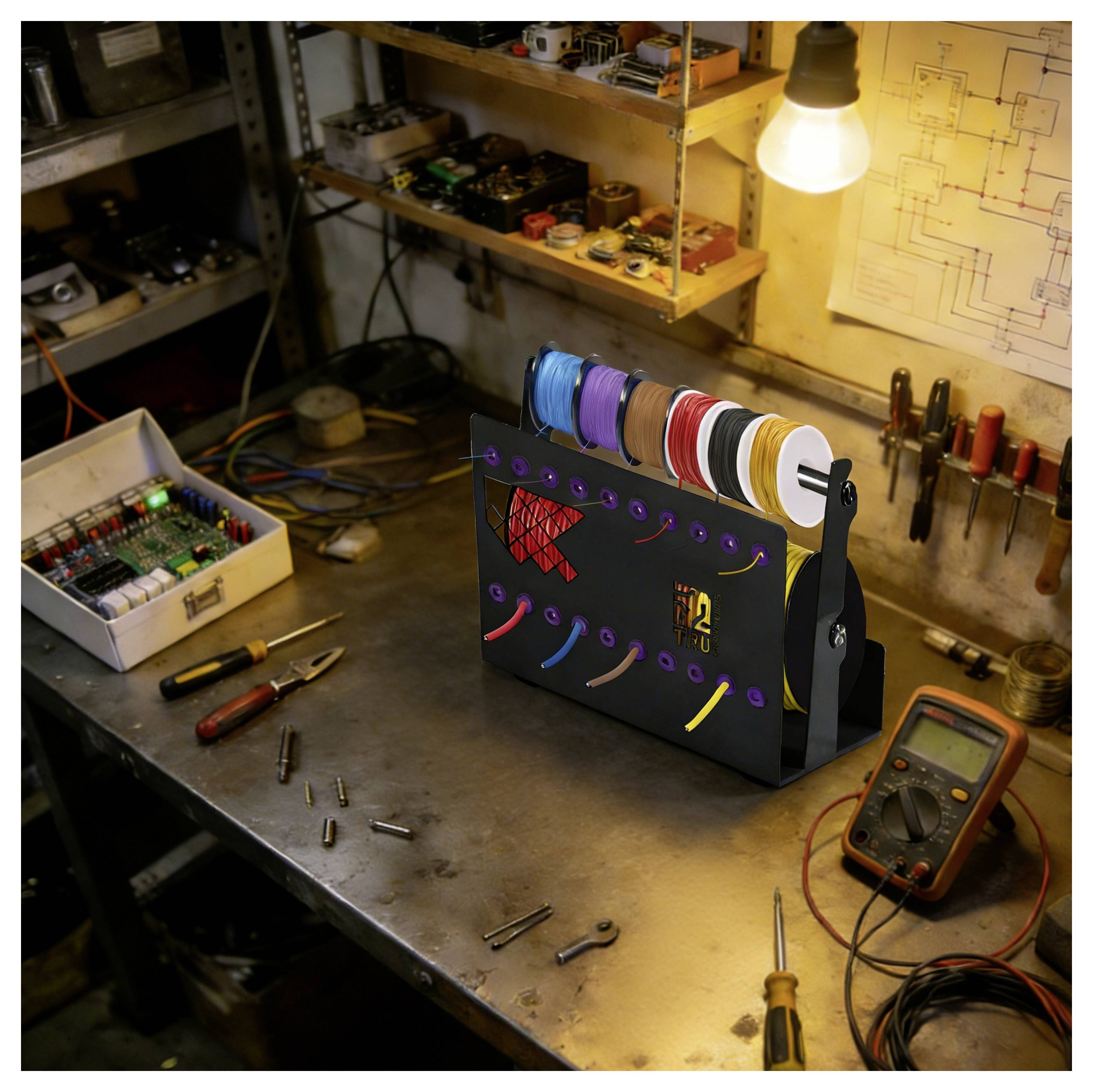 Établi d'électronique avec un organiseur de bobine de fil étiqueté, des outils éparpillés, des pièces de circuit imprimé et une ampoule allumée au-dessus d'une zone de réparation encombrée.