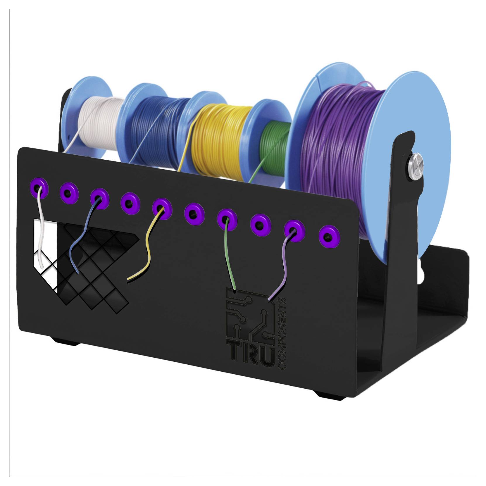 Organisateur de bobines de fil contenant cinq bobines de filament de couleurs différentes, avec des trous à l'avant guidant les fils ou les extrémités de filament lâches à travers le support noir.