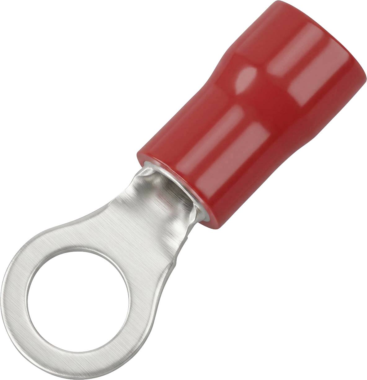 Roter isolierter Ringkabelschuh zum Anschluss eines Drahtes an eine Schraube oder einen Bolzen.