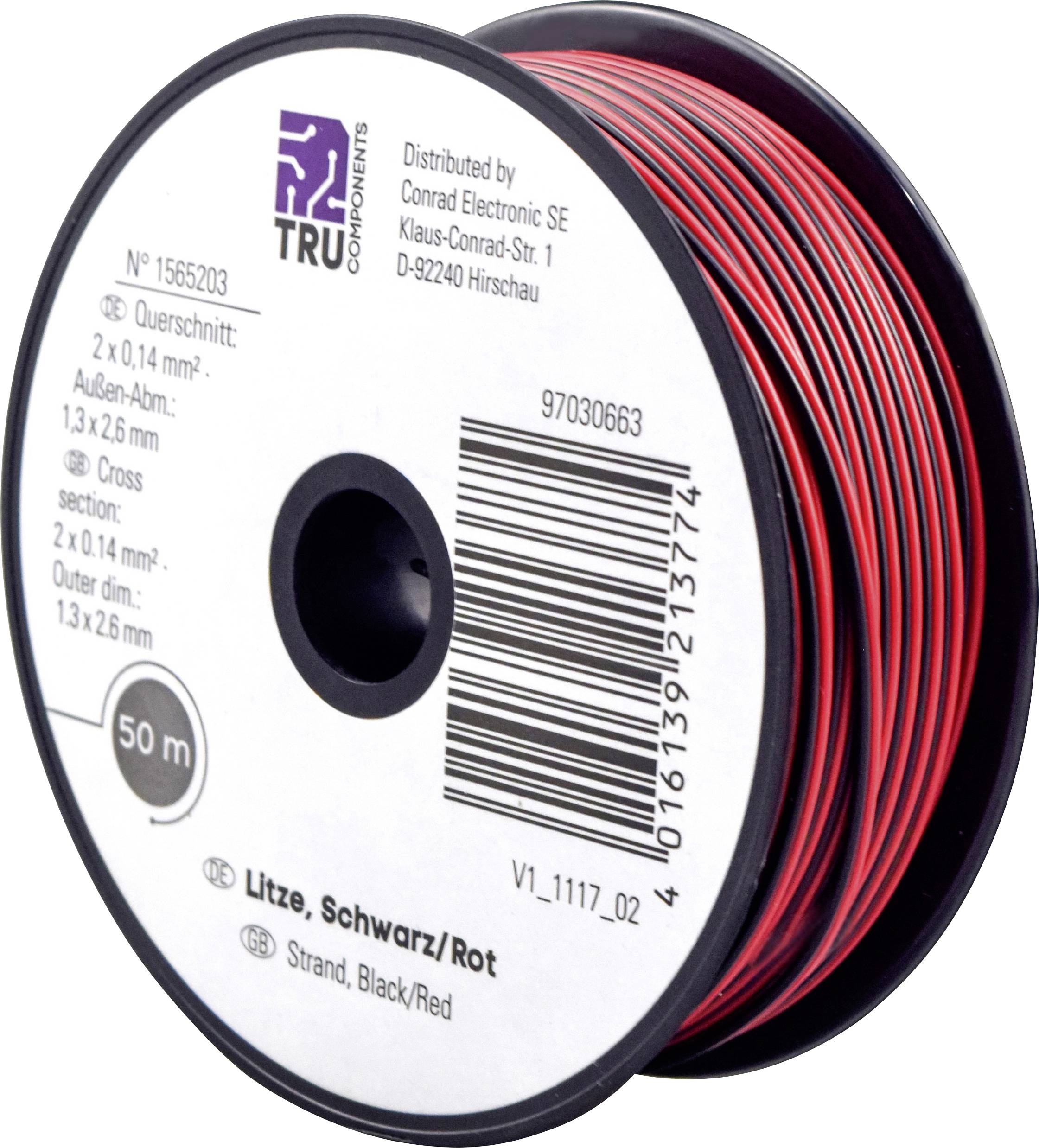 Bobine de 50 mètres de câble tressé noir-rouge 0,14 mm² ; pour projets électroniques. Fabricant Conrad Electronic SE.