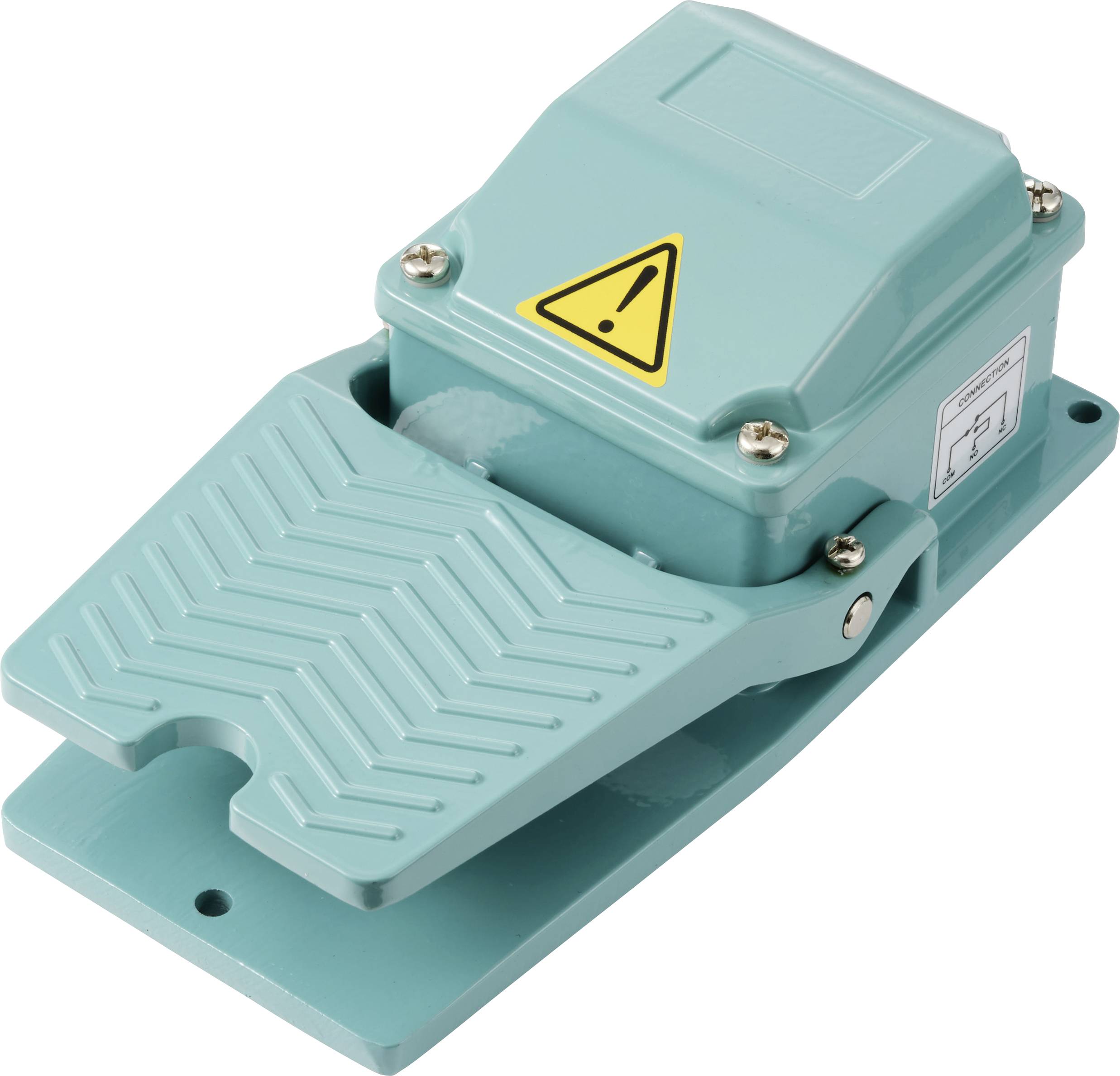 Contacteur à pédale en turquoise, avec un triangle d'avertissement et un pied stylisé sur la surface supérieure. Fixé par quatre vis.