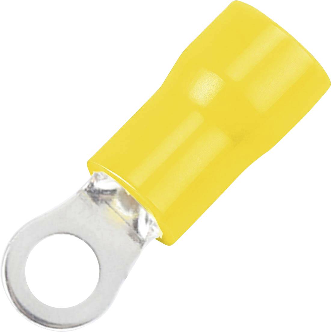 Gelber isolierter Ringkabelschuh-Steckverbinder auf weißem Hintergrund.