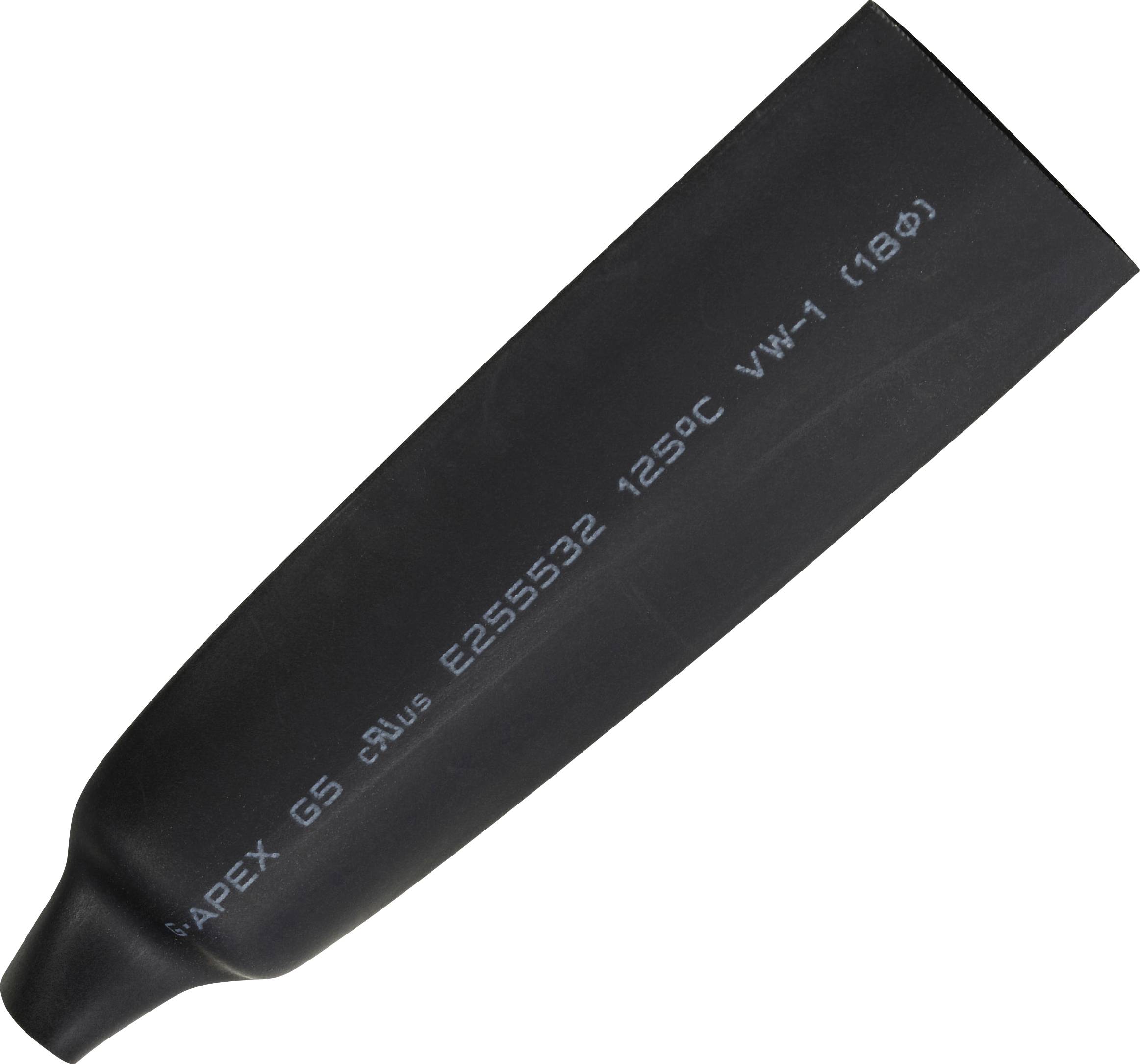 Un manchon thermorétractable noir portant l'inscription 'KAPEX GS cRus E255532 125°C VW-1 (1.8Φ)' sur sa surface.
