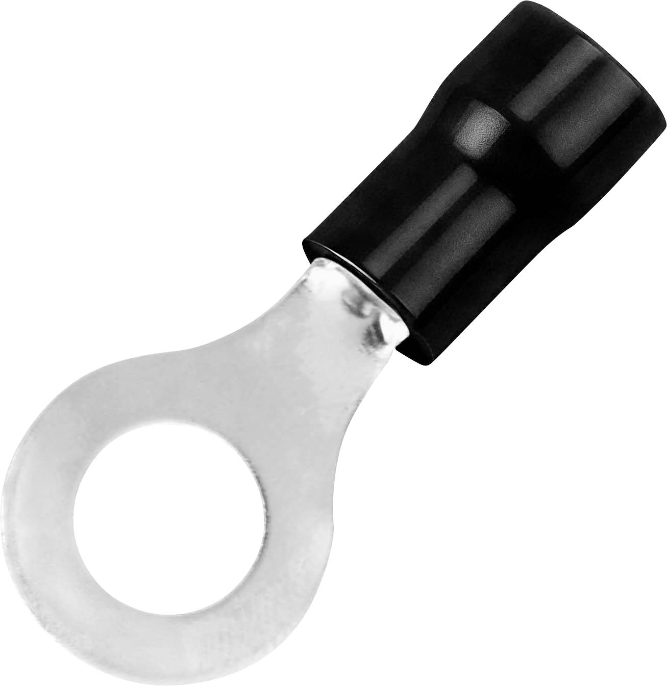 Schwarzer isolierter Ringkabelschuh mit metallischer Öse zum Anschluss eines Drahtes an eine Schraube oder einen Bolzen.