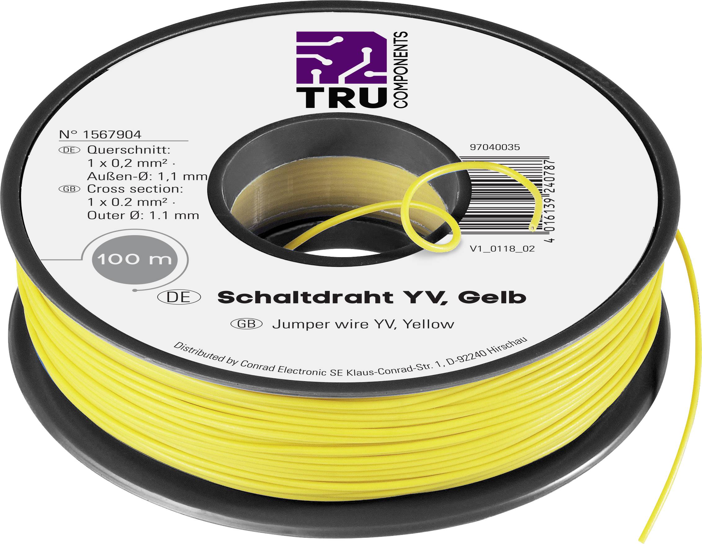 Spule mit gelbem Jumper-Kabel von TRU Components, 100 m Länge, für 1 x 0,2 mm und 1 x 0,1 mm Leiter.