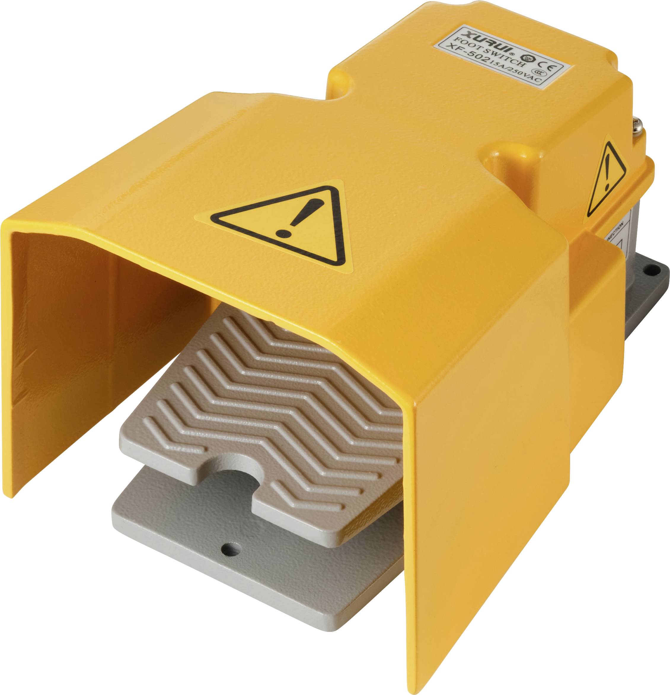 Interrupteur de sécurité au pied jaune avec capot de protection et symbole d'avertissement ; conçu pour la commande de machines afin d'éviter tout actionnement accidentel.