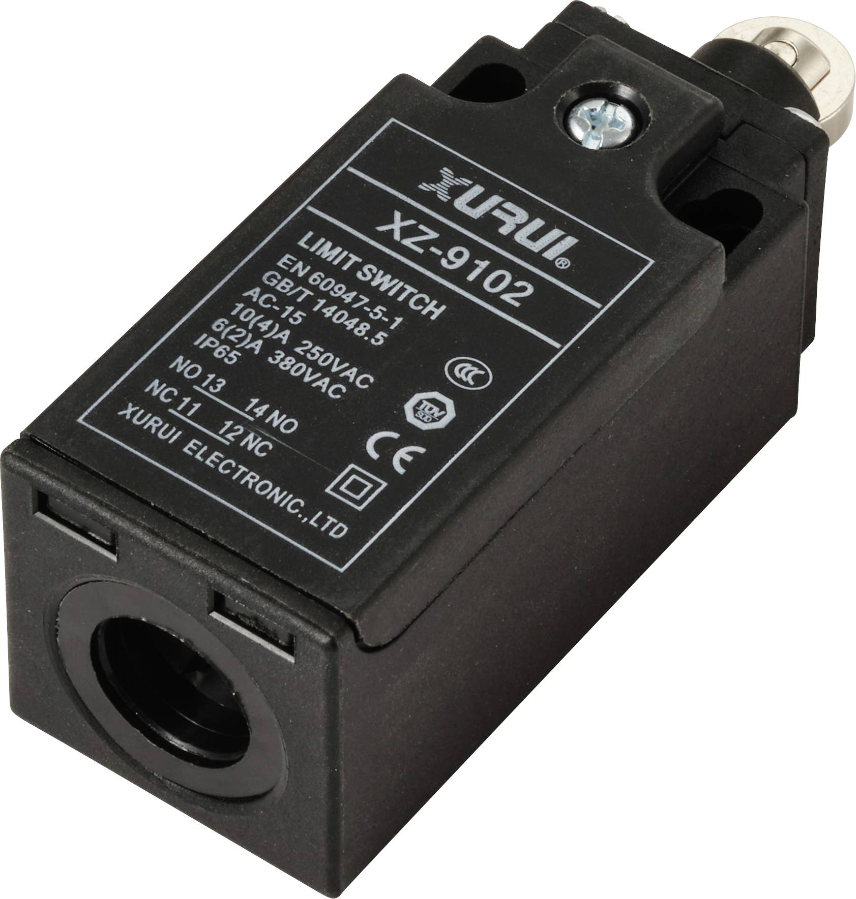 Un interrupteur de fin de course noir avec la désignation 'XURUI LIMIT SWITCH XZ-9102'. Contient les spécifications techniques et les informations du fabricant.
