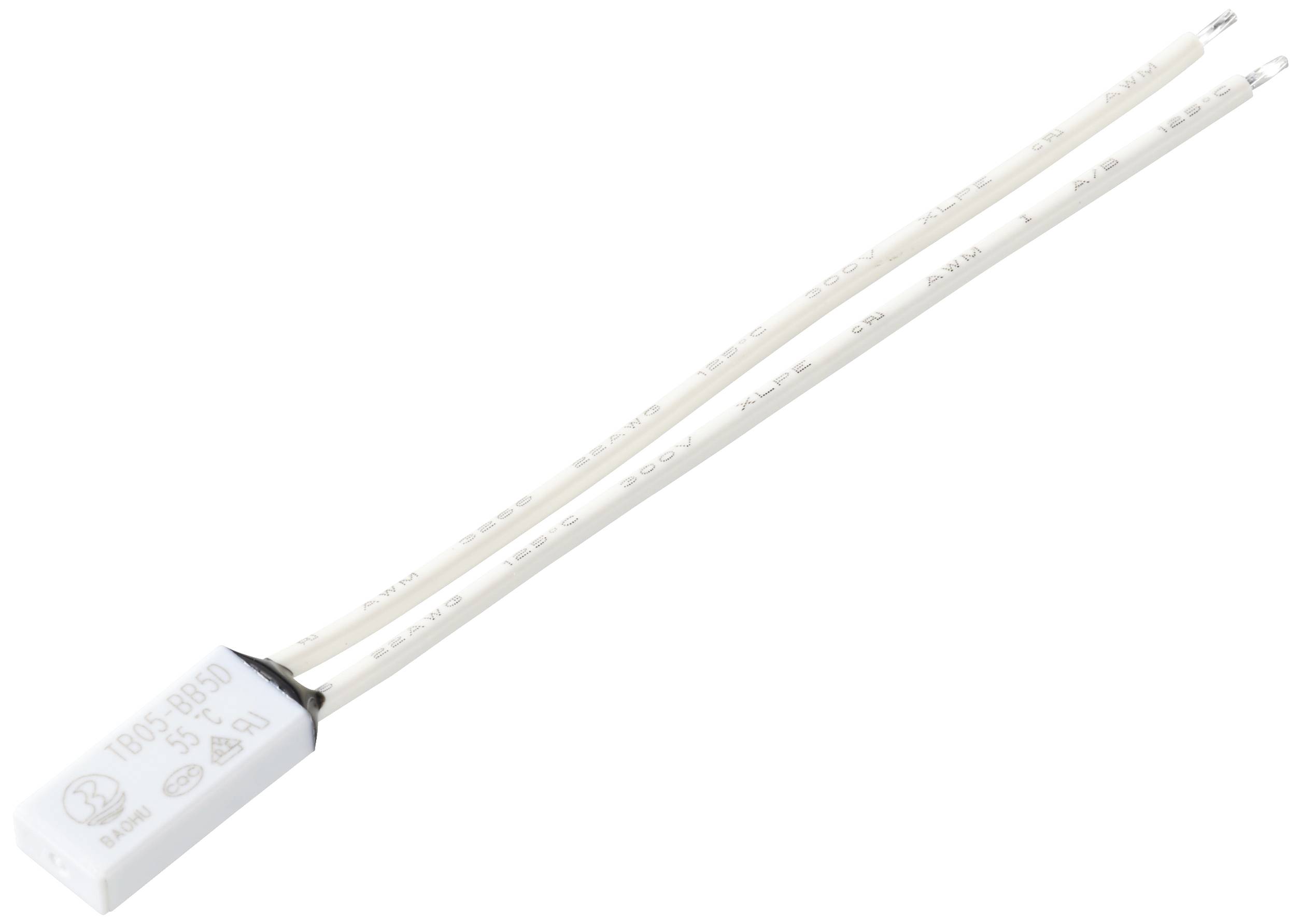 Un condensateur électrique blanc avec deux longs câbles fins. Adapté pour une utilisation dans des circuits de stockage d'énergie.