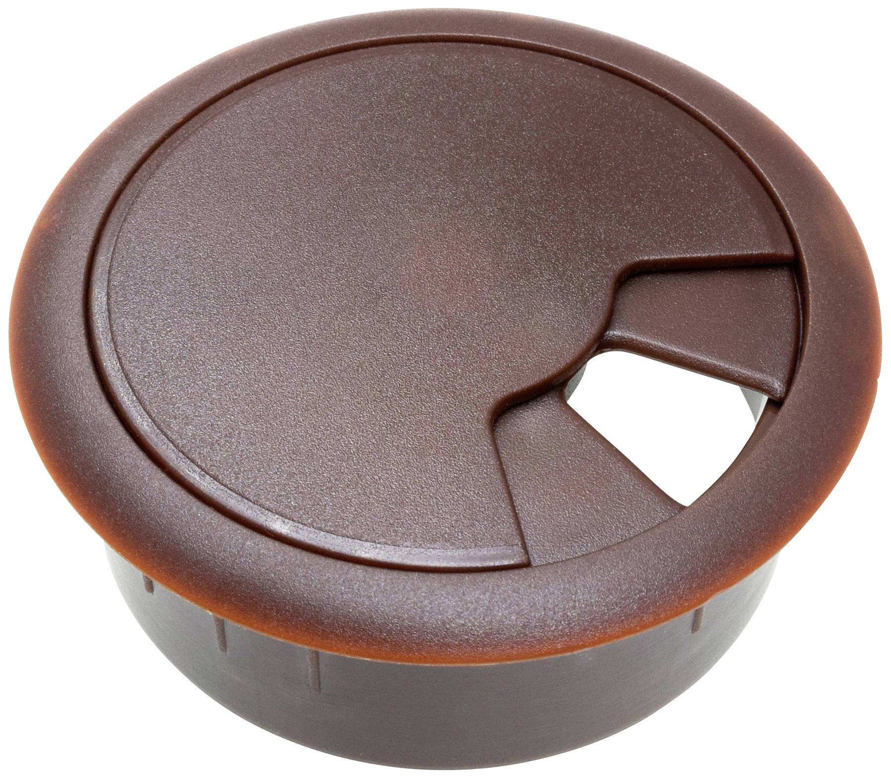 Un passe-câble rond, brun, en plastique avec un couvercle amovible et une ouverture pour câbles sur le côté.