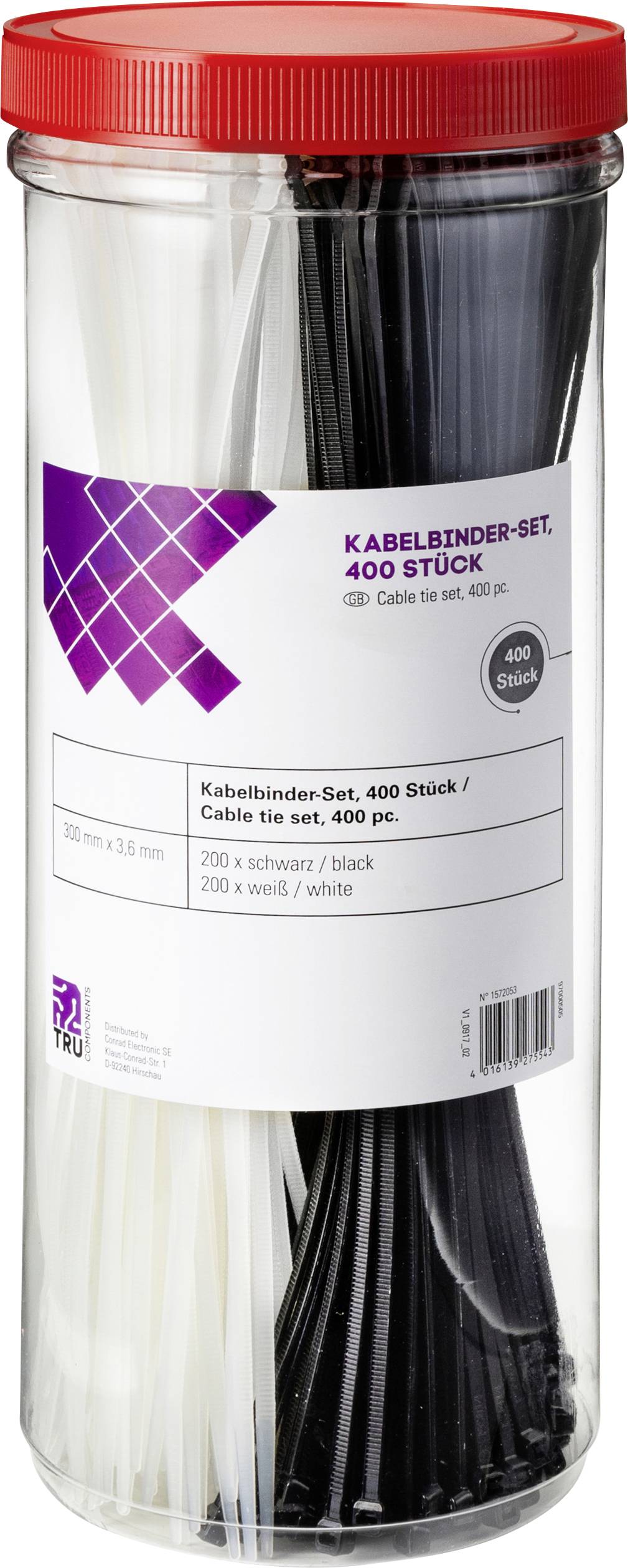 Un récipient cylindrique transparent contient un ensemble de colliers de serrage comprenant 400 pièces, dont 200 noirs et 200 blancs. L'étiquette indique « Kabelbinder-Set, 400 Stück ».