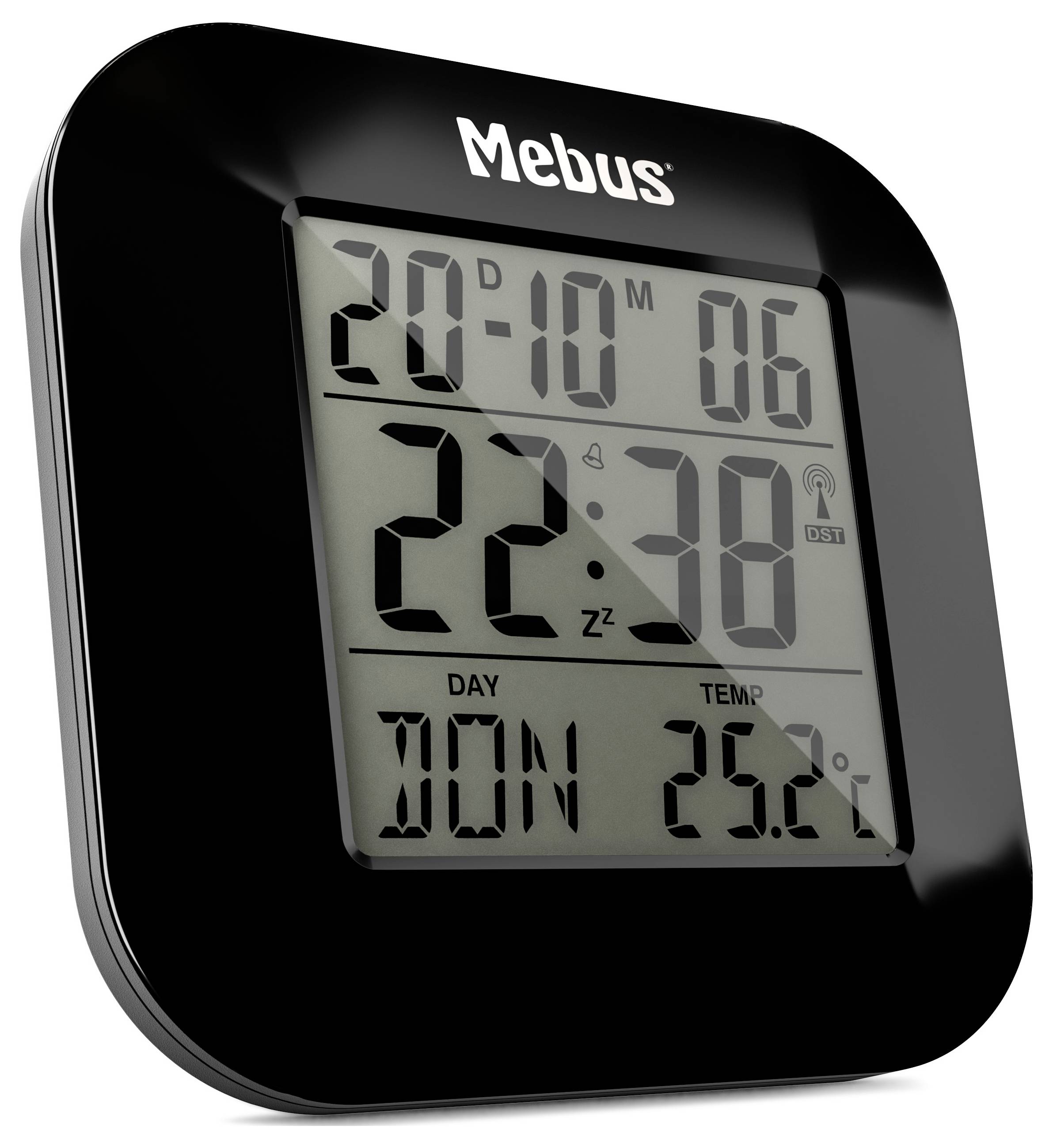 Horloge murale numérique affichant '20-10', '22:38' et température '25.2°C'.