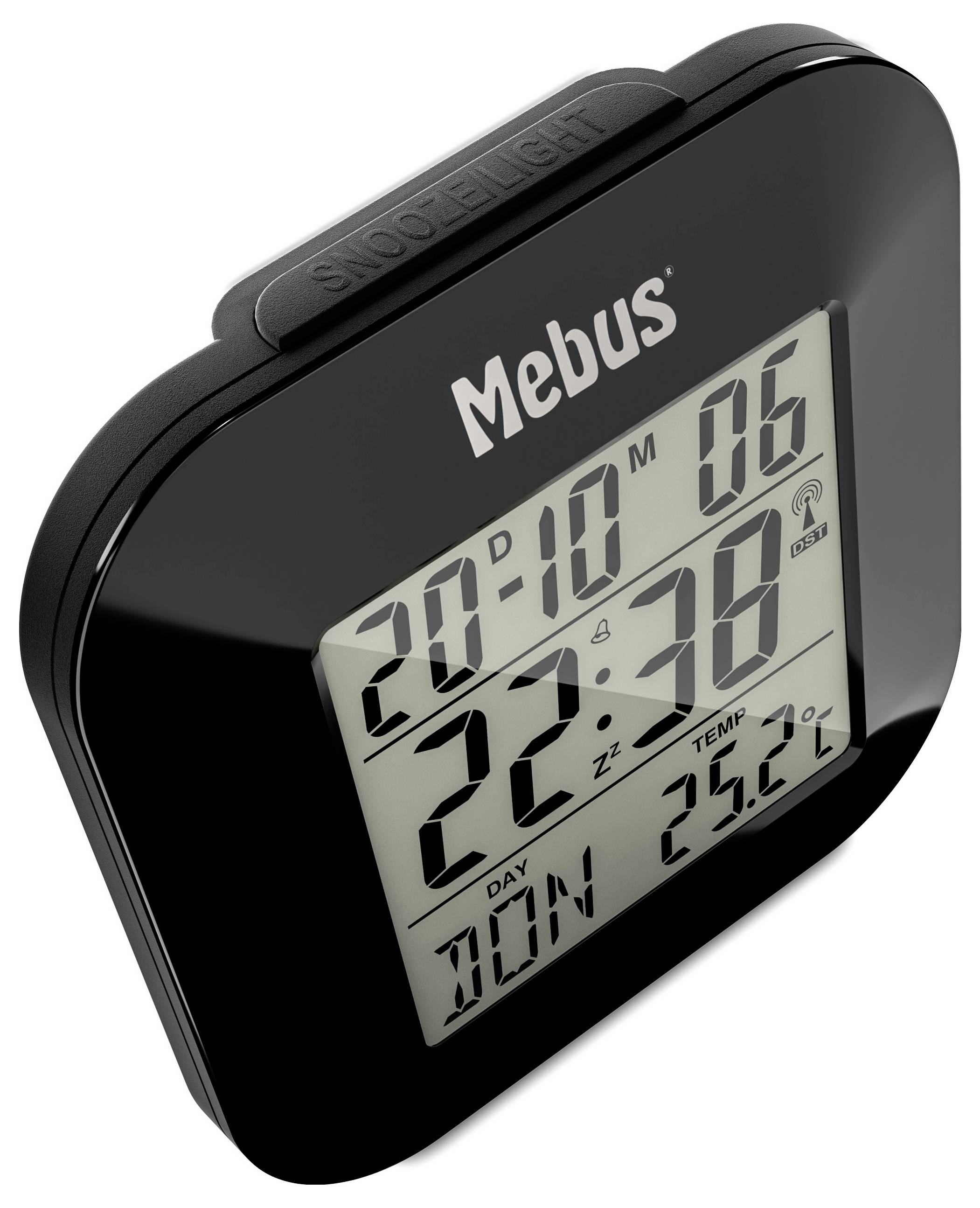 Un réveil numérique noir affichant l'heure « 20:10 », la date « 22 », le jour « MON », et la température « 25,1°C ». Le nom de la marque « Mebus » en haut.