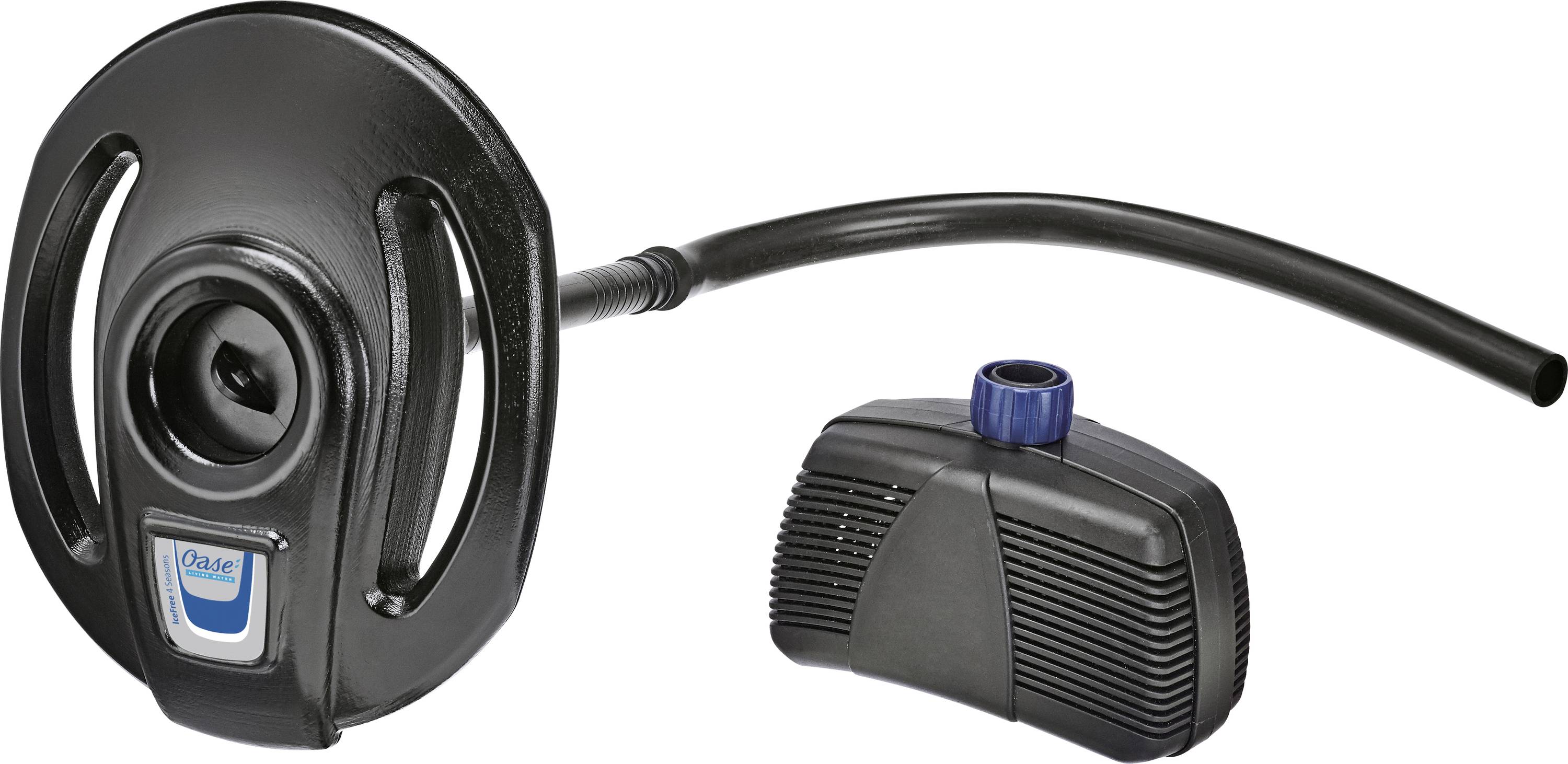 Une pompe noire pour bassin ou aquarium avec une prise d'eau circulaire et un tuyau flexible, conçue pour faire circuler l'eau, améliorant les environnements aquatiques.