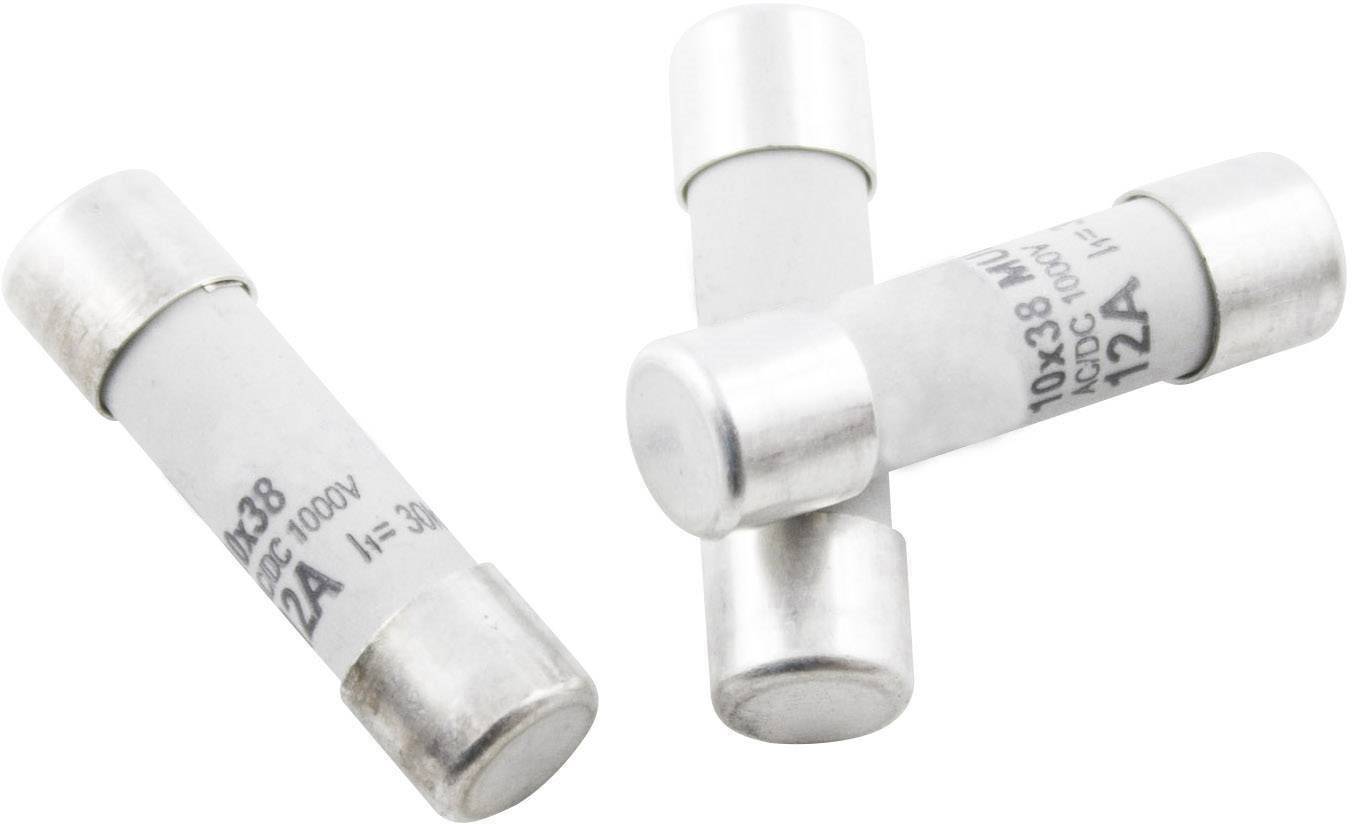 Trois fusibles cylindriques blancs avec capuchons métalliques, indiquant un courant de 12A et une tension de 1000V.