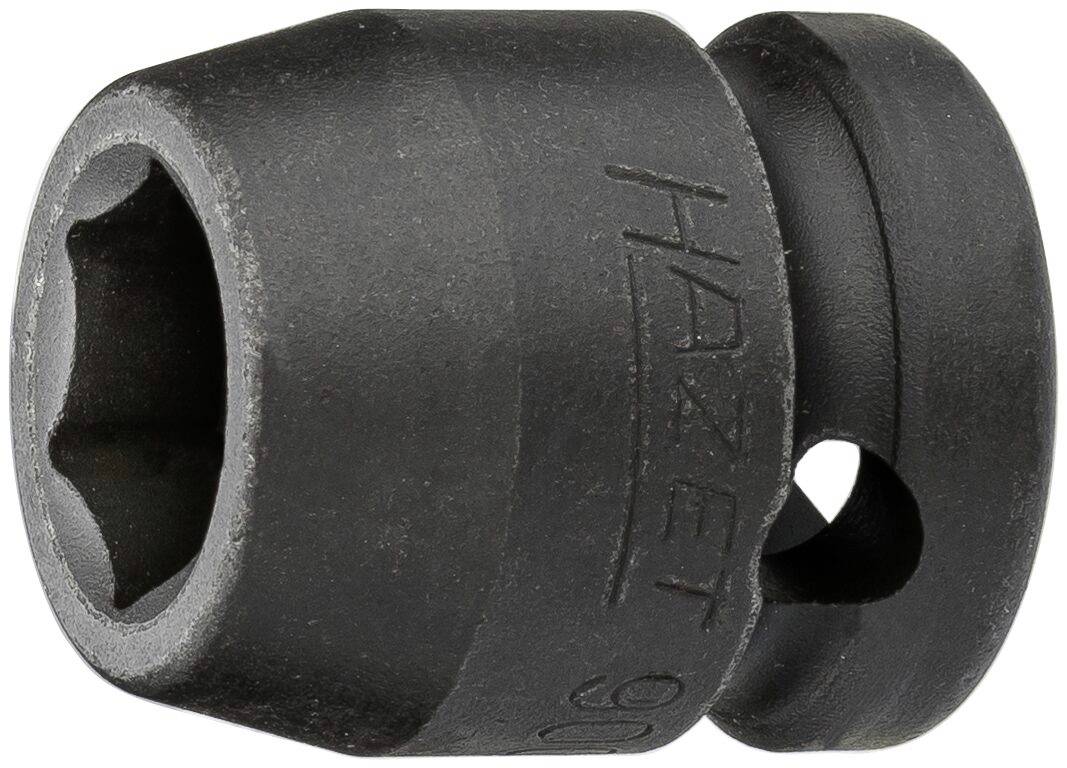 Un embout de clé à douille hexagonale noir en métal avec un trou latéral et l'inscription 'HAZET'.