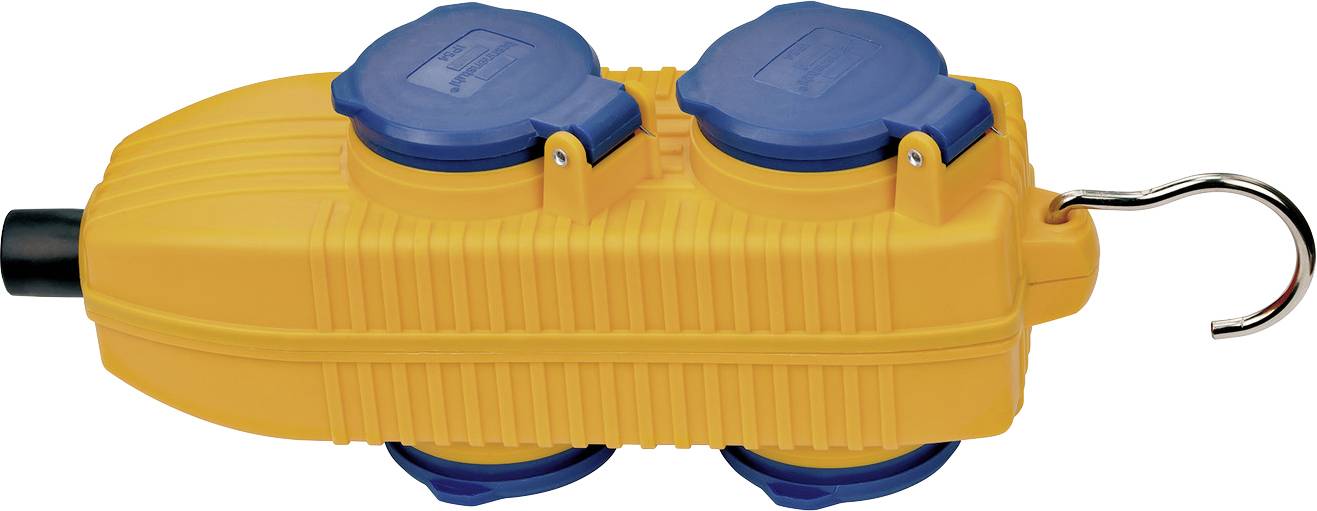 Enrouleur de câble électrique portable jaune avec deux capuchons de prise bleus et un crochet de suspension en métal.