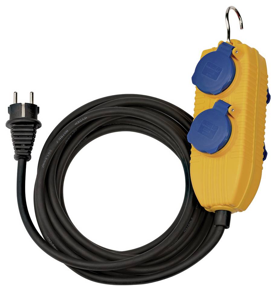 Boîte de distribution électrique portable orange avec deux prises recouvertes de bleu, câble d'extension enroulé noir attaché et fiche.