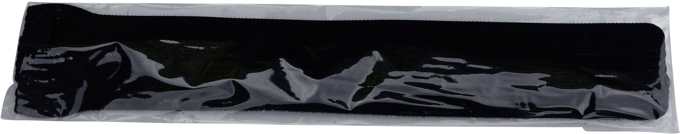 Une bande auto-agrippante noire dans un emballage plastique transparent.