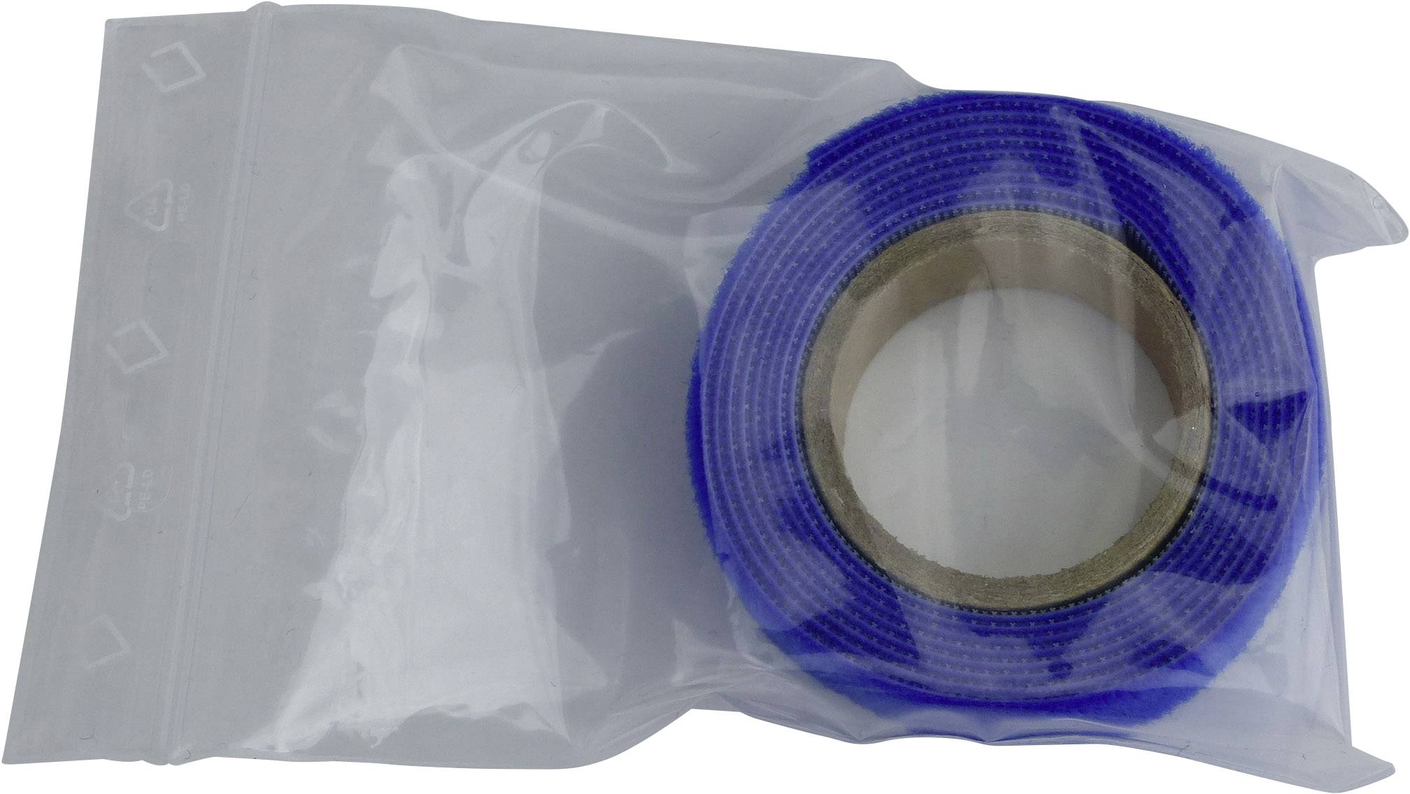Un rouleau de ruban adhésif bleu dans un sac en plastique transparent.