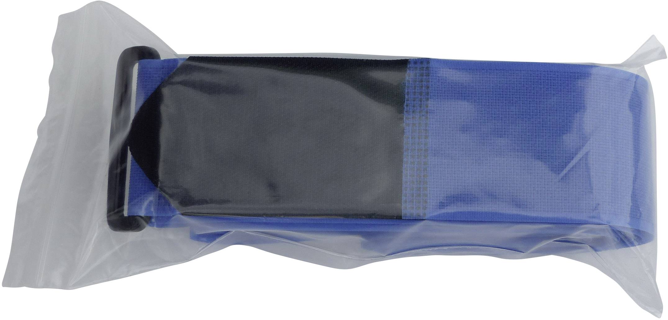 Une ceinture bleue, enveloppée dans une pochette en plastique transparente, est posée à plat.
