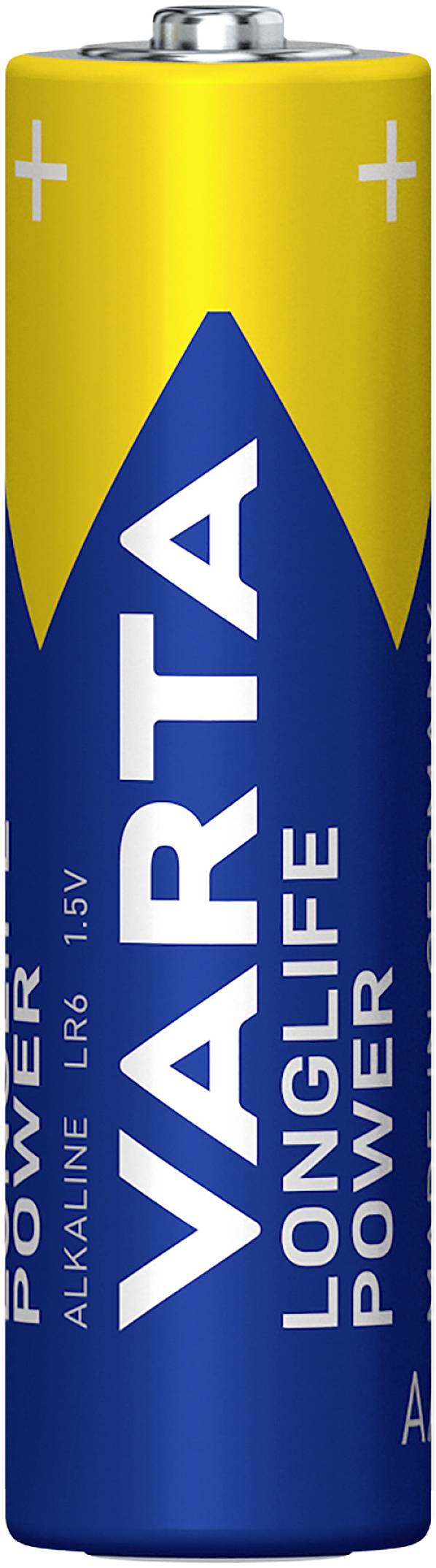 Sur l'image, on peut voir une pile AA VARTA, bleue avec un dessus jaune. L'inscription indique : « VARTA Longlife Power Alkaline LR6 1.5V ».