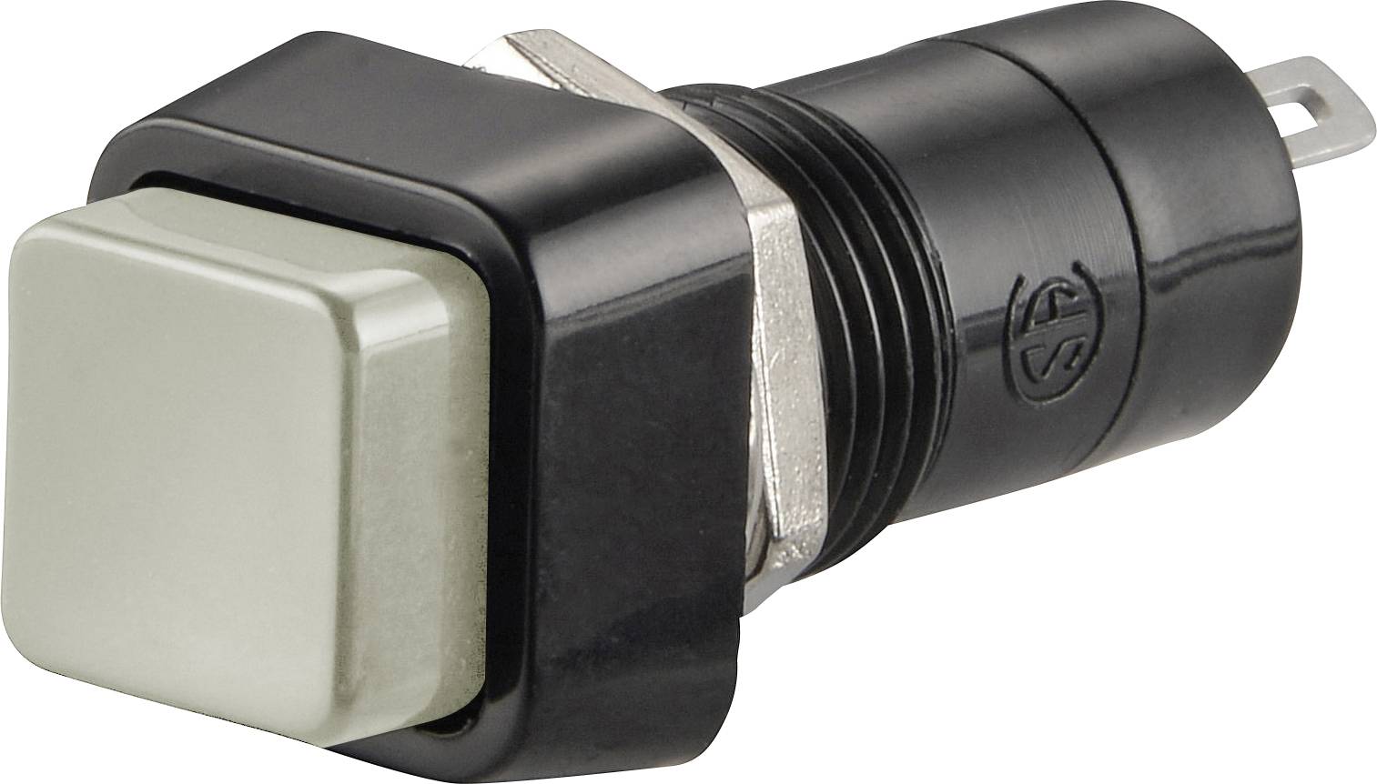 Bouton-poussoir noir et gris avec surface de pression carrée et support circulaire, adapté aux applications électriques.