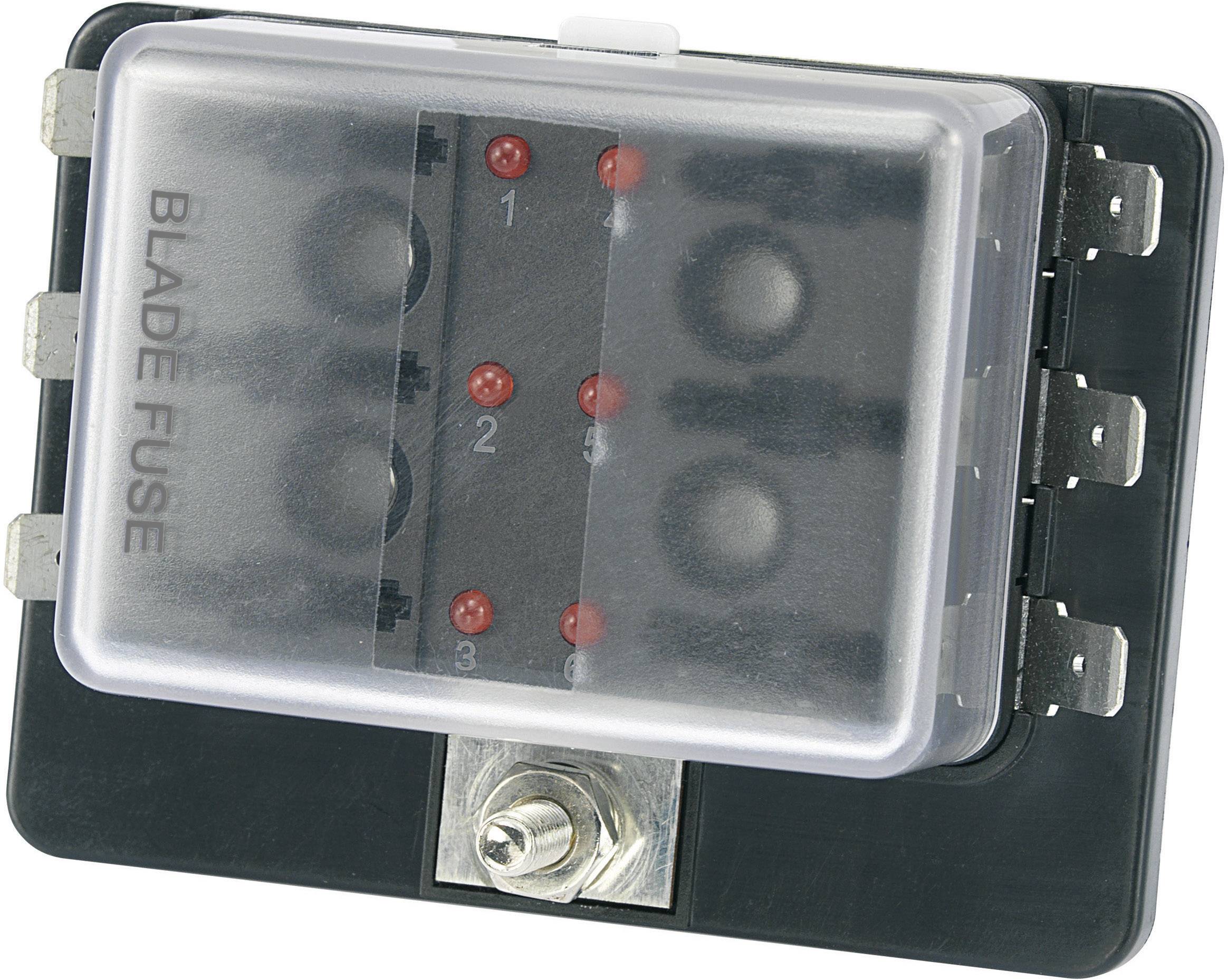 Boîtier de sécurité noir avec couvercle transparent, étiqueté 'Blade Fuse', contenant cinq emplacements pour fusibles plats.