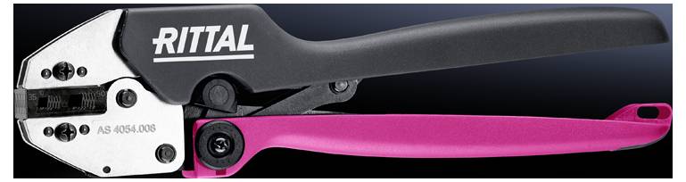 Pince à sertir avec poignée noire et rose, nom de marque 'RITTAL' imprimé. Appareil pour le traitement des câbles.