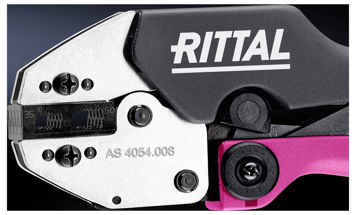 Une pince portant l'inscription 'RITTAL', numéro de modèle 'AS 4054.008', gros plan des composants métalliques et en plastique.
