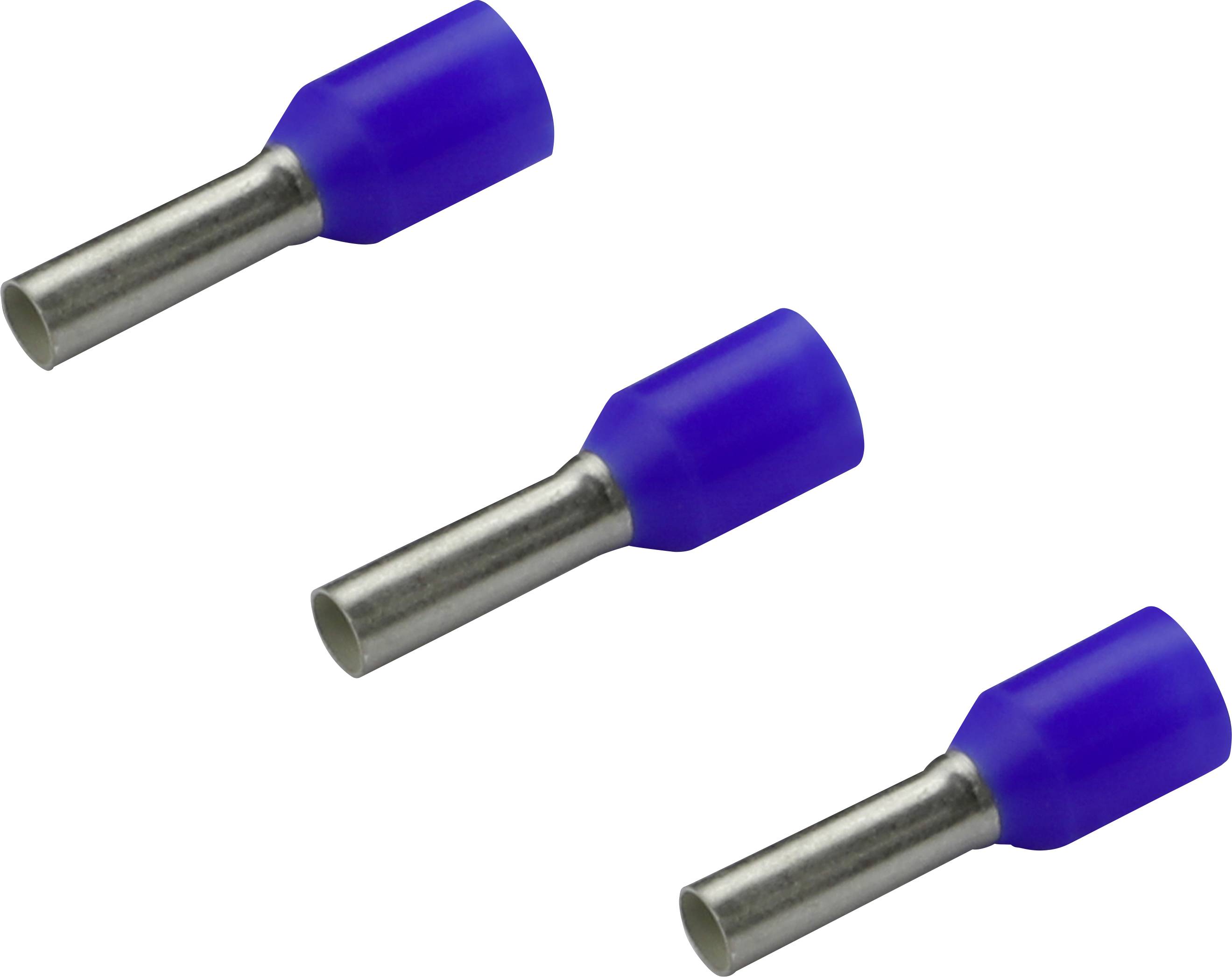 Trois connecteurs de câble bleus en plastique et en métal, disposés en ligne diagonale sur un fond blanc.
