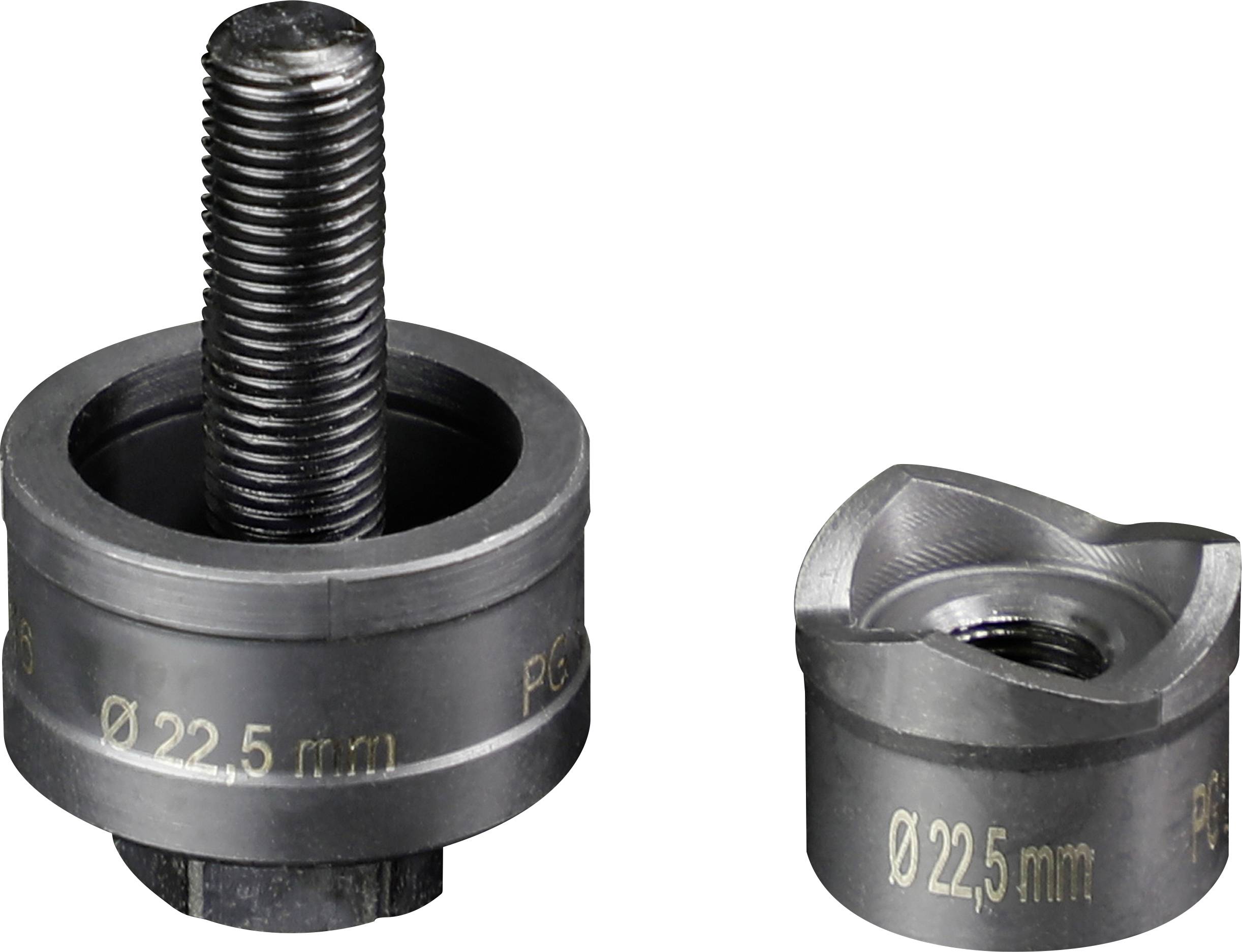 Deux outils en métal, l'un fileté, tous deux gravés 'Ø 22,5 mm'. Outils destinés à l'usinage de matériaux ou de composants.