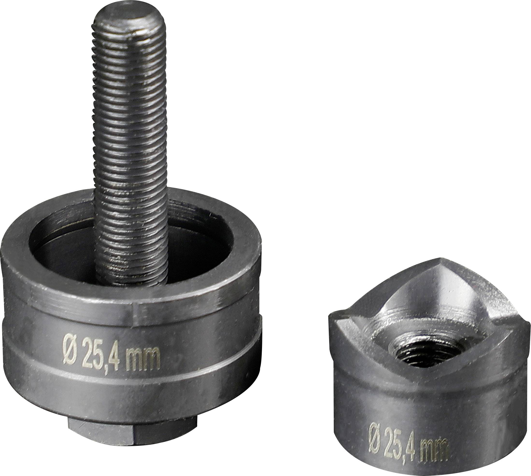 Deux outils métalliques : à gauche un embout fileté, à droite sa pièce circulaire correspondante. Les deux pièces sont marquées 'Ø 25,4 mm'.