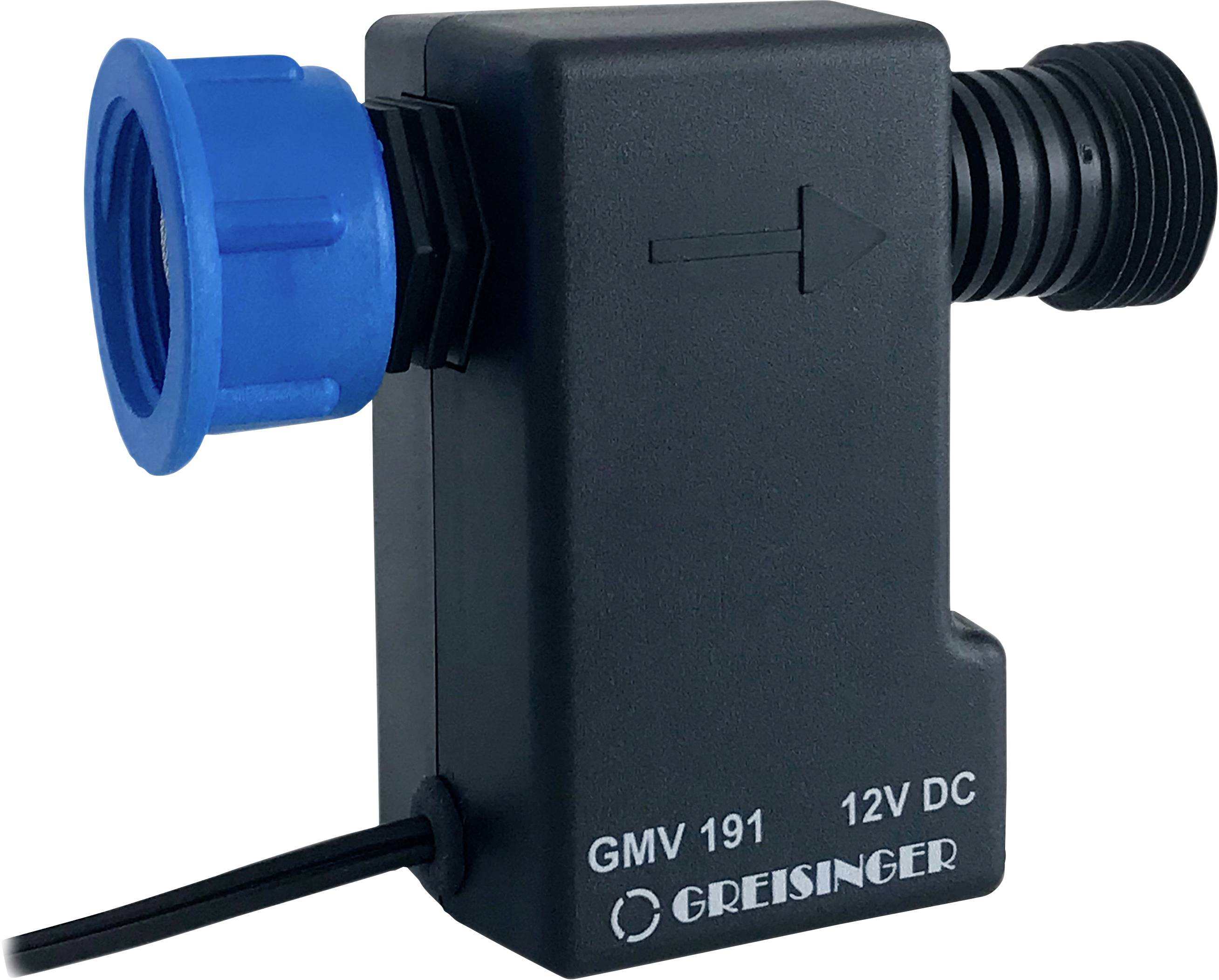 Appareil noir 'GMV 191' pour 12V DC de Greisinger avec raccord bleu et flèche indiquant le sens de l'écoulement.