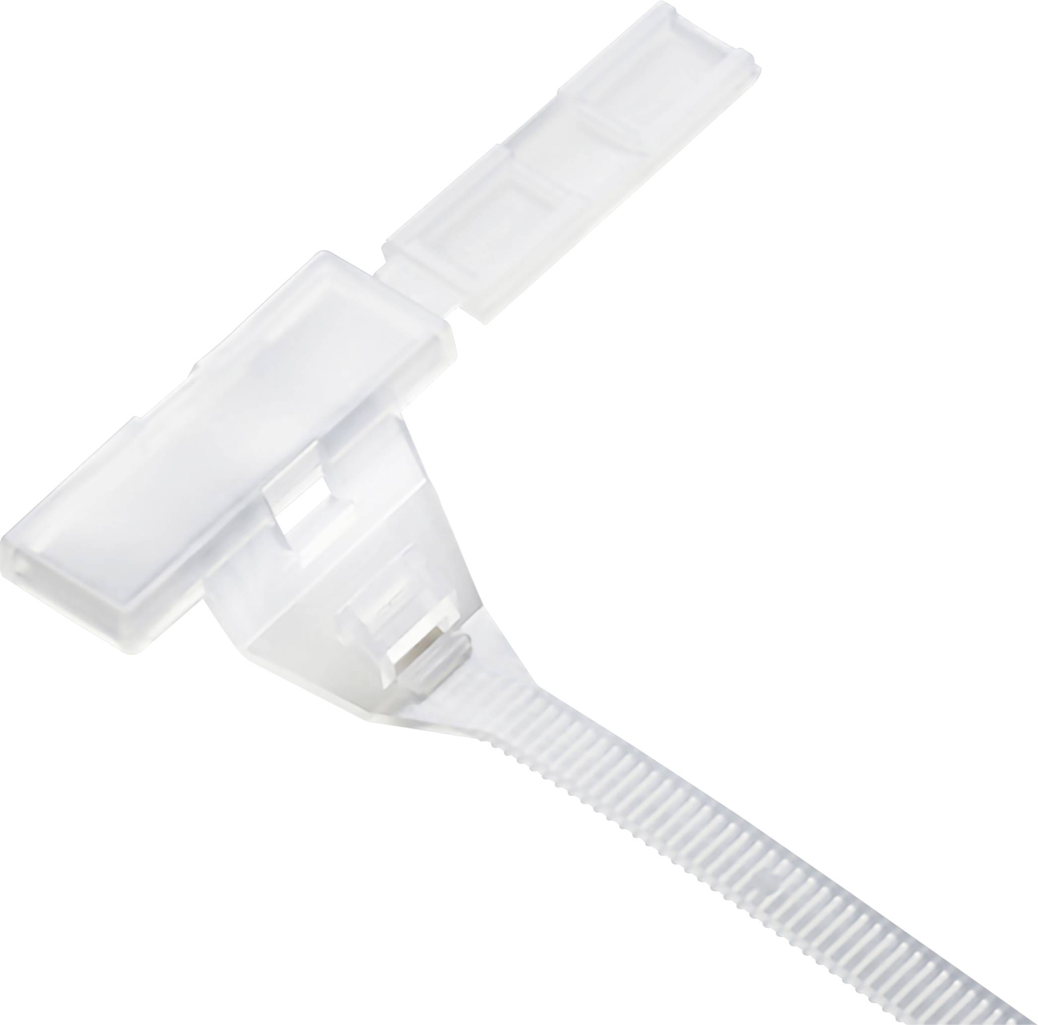 Un bouchon en plastique blanc, ressemblant à un collier de serrage, probablement adapté pour fermer ou maintenir ensemble des objets.