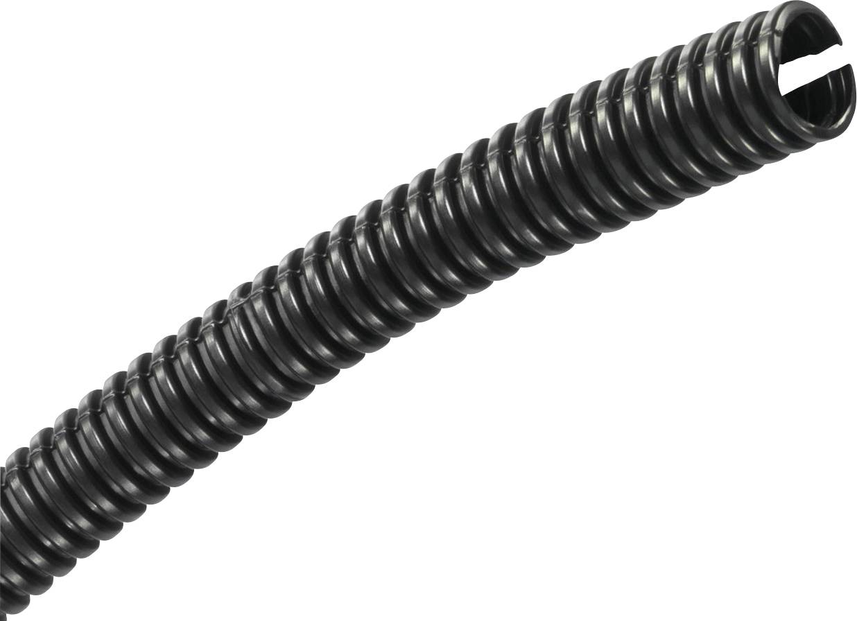 Gaine de protection flexible noire pour câbles, à structure spiralée, adaptée à la protection des câbles dans les installations électriques.