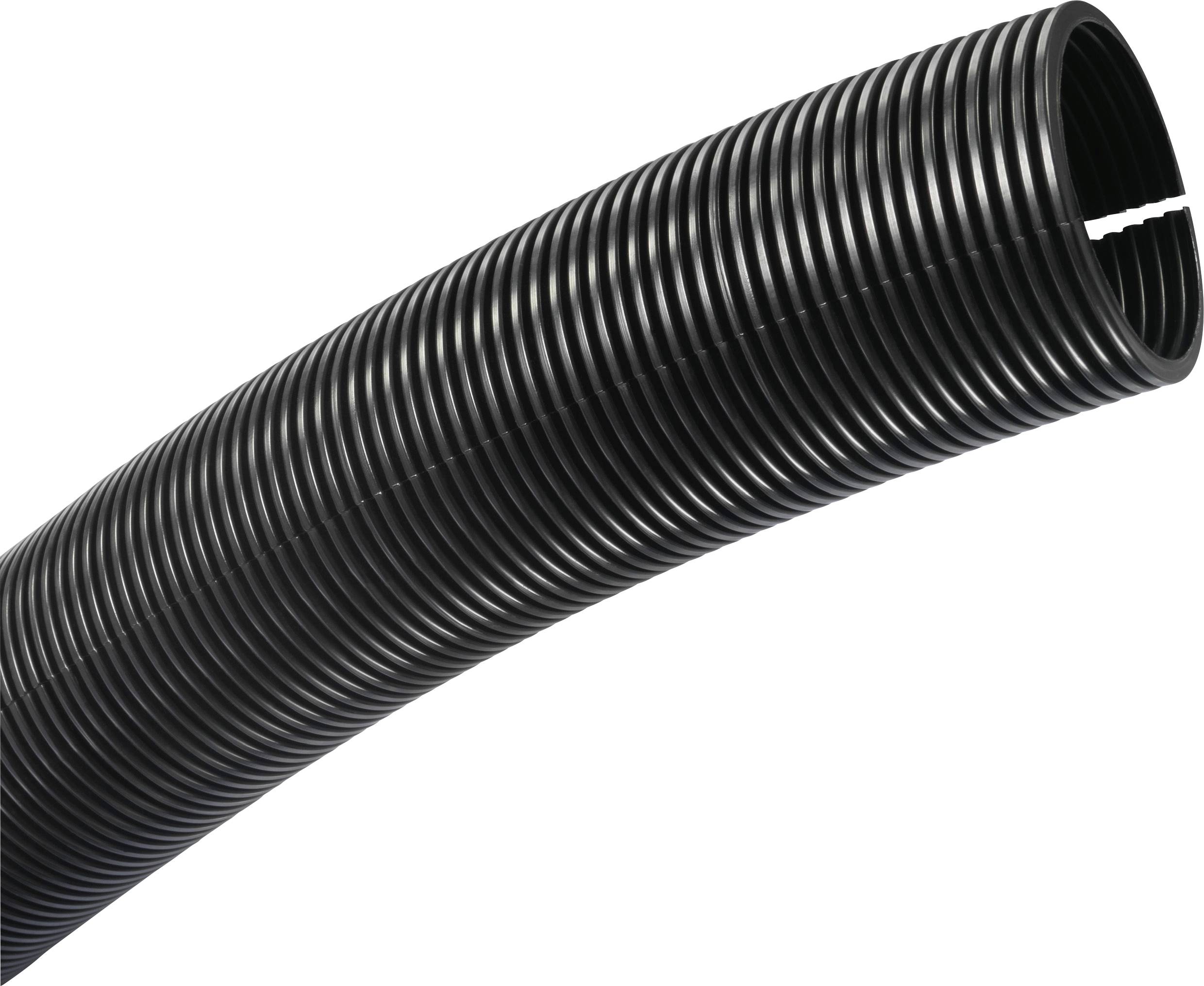 Gaine ondulée flexible, noire, fendue, adaptée à la protection des câbles et aux applications industrielles polyvalentes.