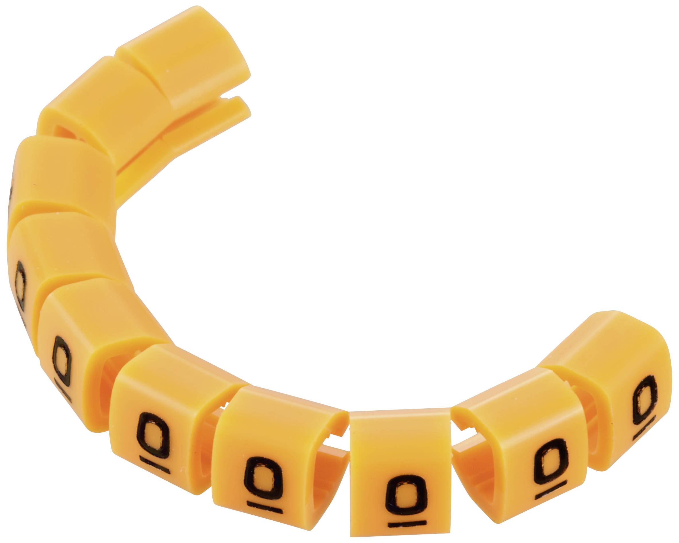 Onze étiquettes de câbles oranges en forme de demi-cercle, chacune imprimée avec le numéro noir '0'.