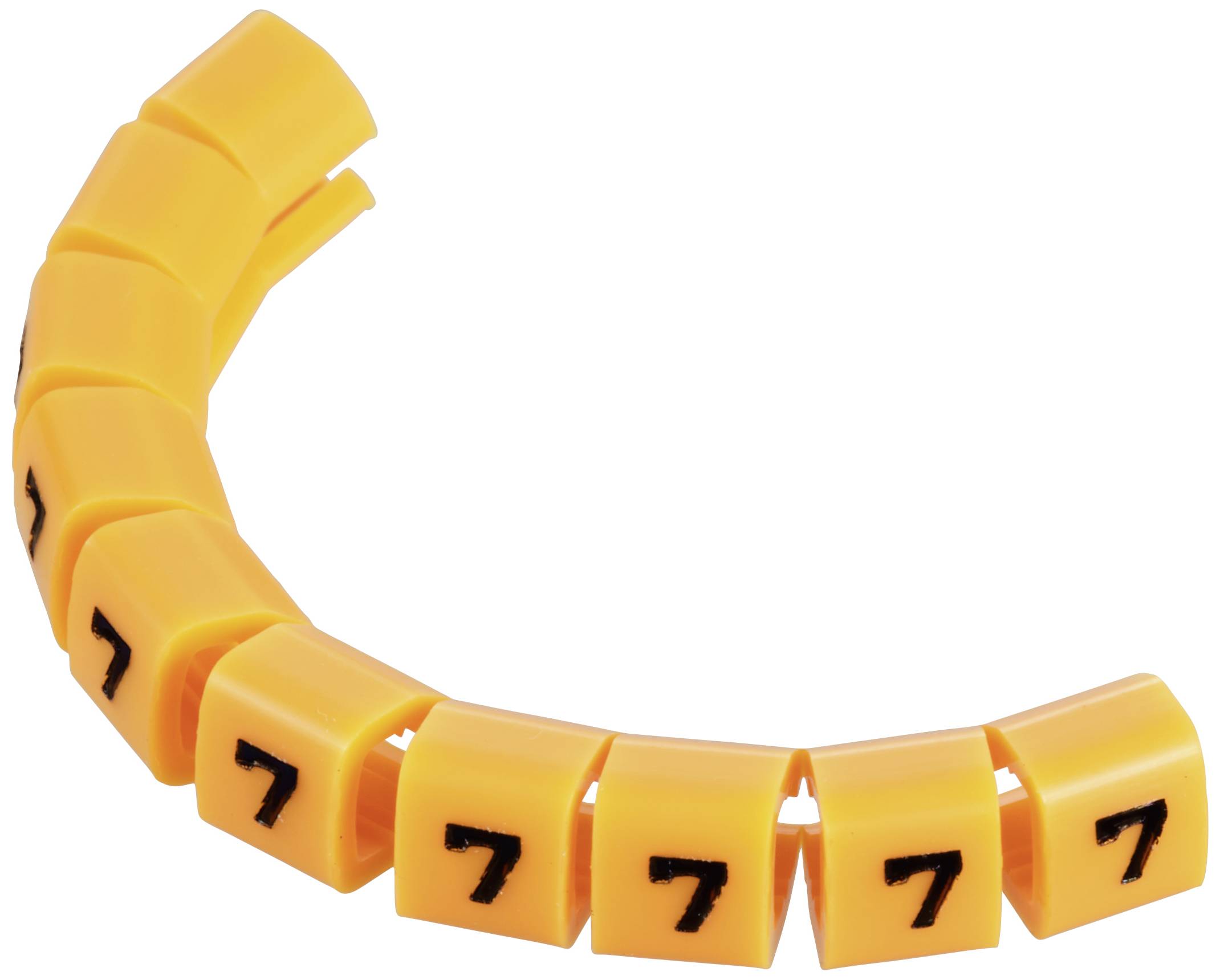 Marqueurs de câbles en plastique jaune imprimés avec le chiffre '7', disposés de manière courbée, pour l'identification des câbles ou des lignes.